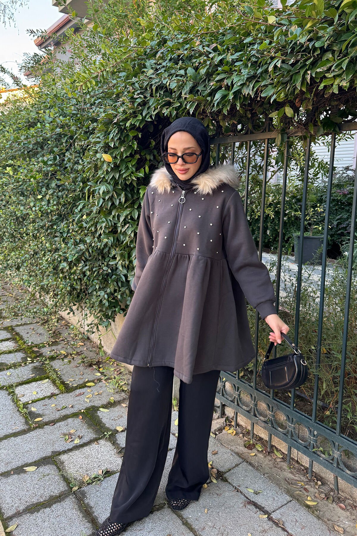 Taşlı Kürklü Ceket 4-6420- FÜME