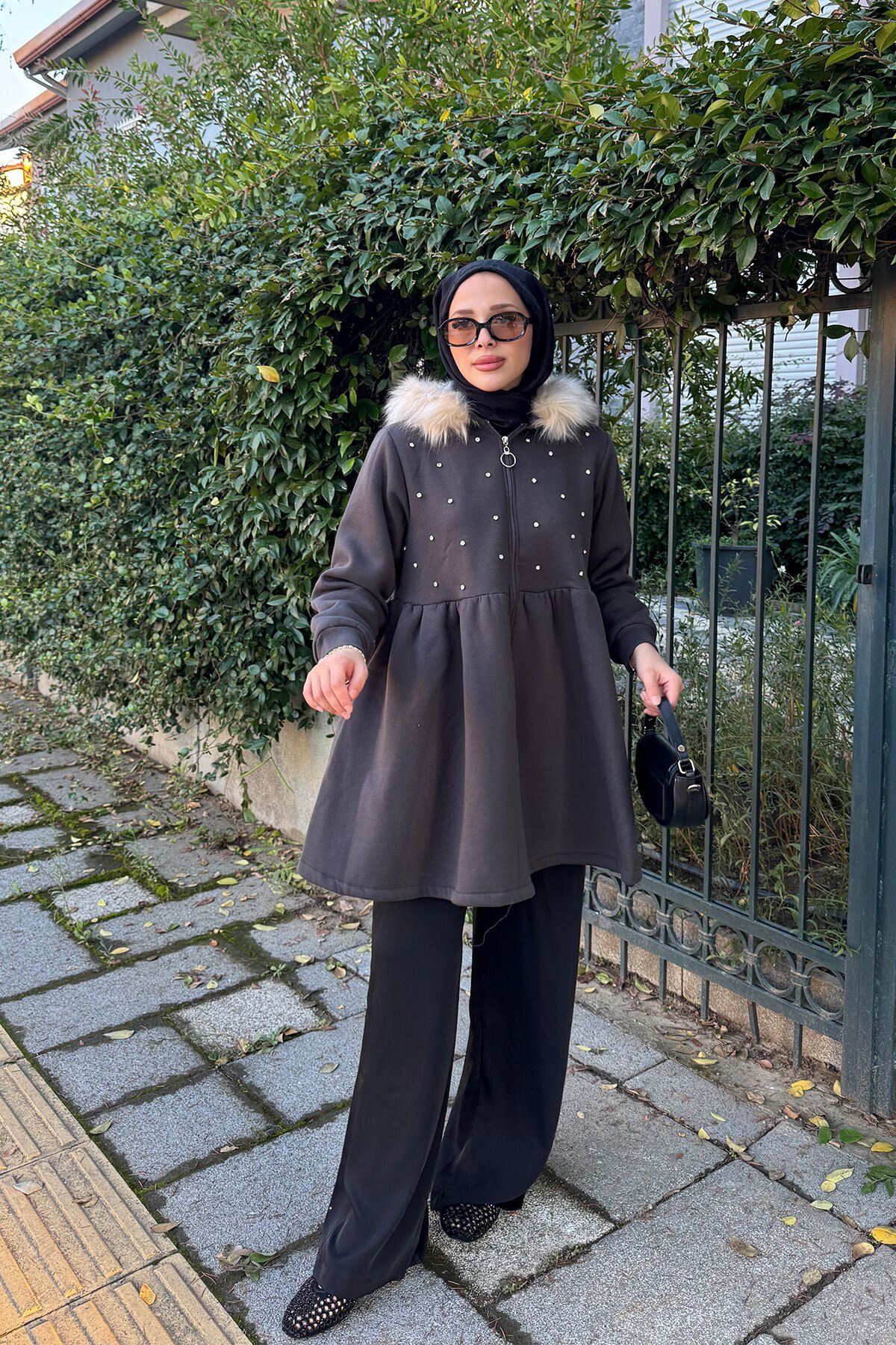 Taşlı Kürklü Ceket 4-6420- FÜME