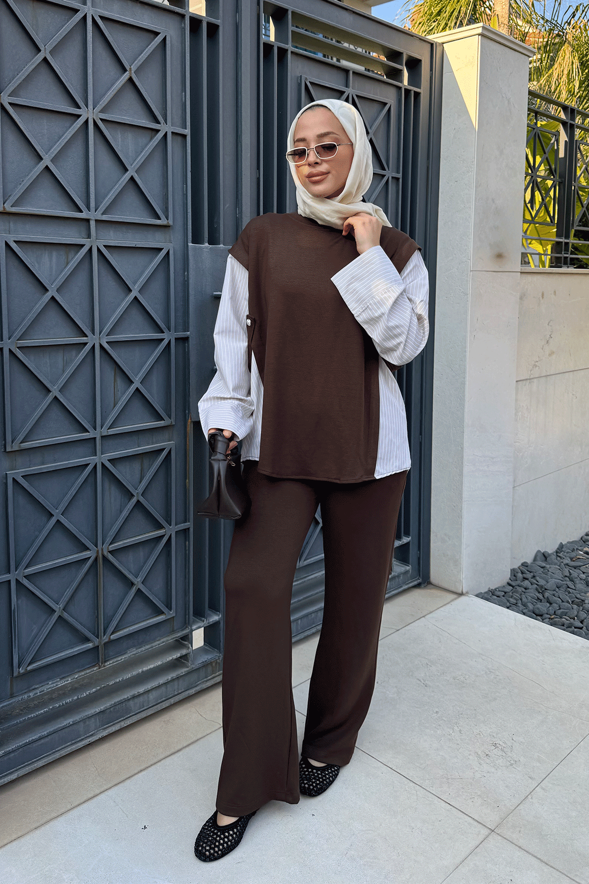 POPLİN DETAYLI OYŞO TAKIM 9-52849 - KAHVERENGİ