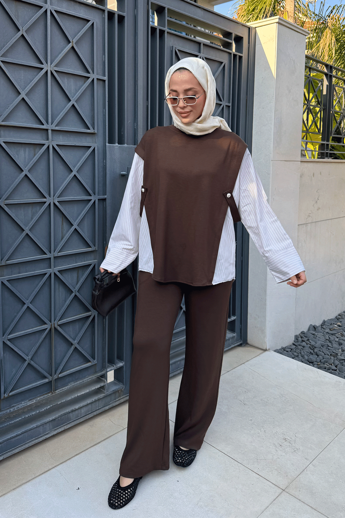 POPLİN DETAYLI OYŞO TAKIM 9-52849 - KAHVERENGİ