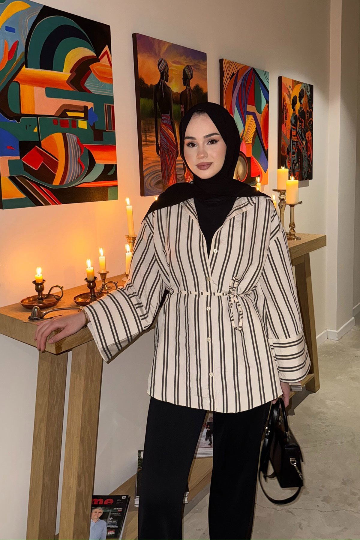 ÇİZGİLİ BAGLAMALI GÖMLEK 31-0019 - EKRU