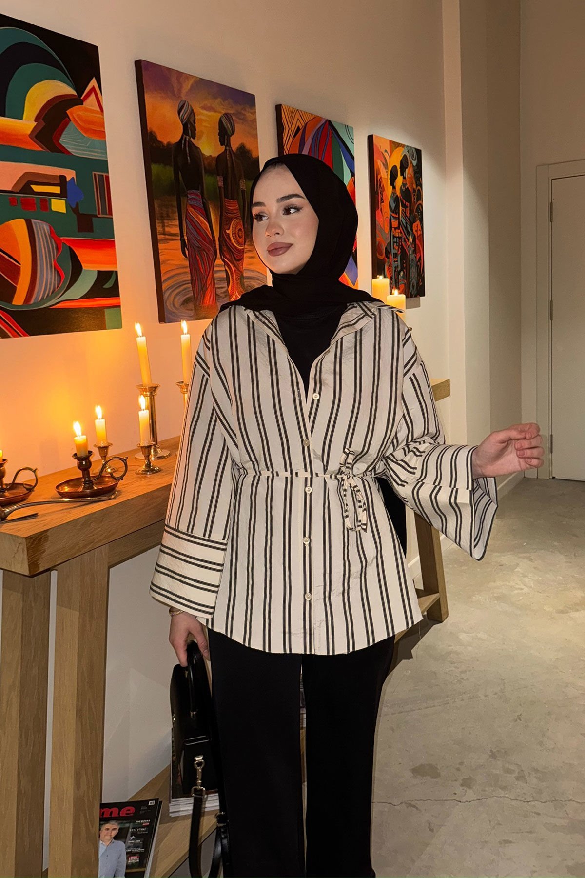 ÇİZGİLİ BAGLAMALI GÖMLEK 31-0019 - EKRU