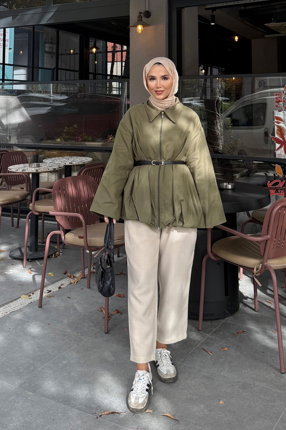 KEMERLİ GABARDİN CEKET 9-52625  - HAKİ YEŞİL