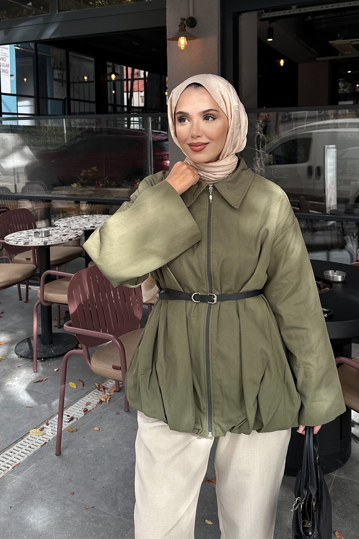 KEMERLİ GABARDİN CEKET 9-52625  - HAKİ YEŞİL