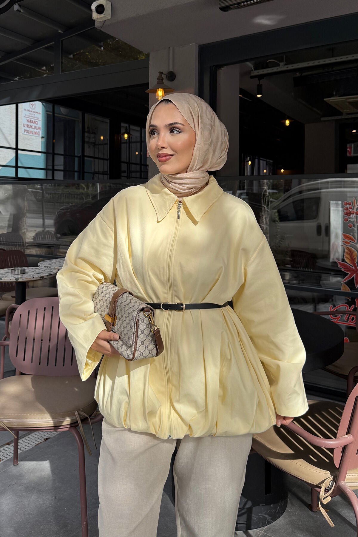 KEMERLİ GABARDİN CEKET 9-52625  - SARI