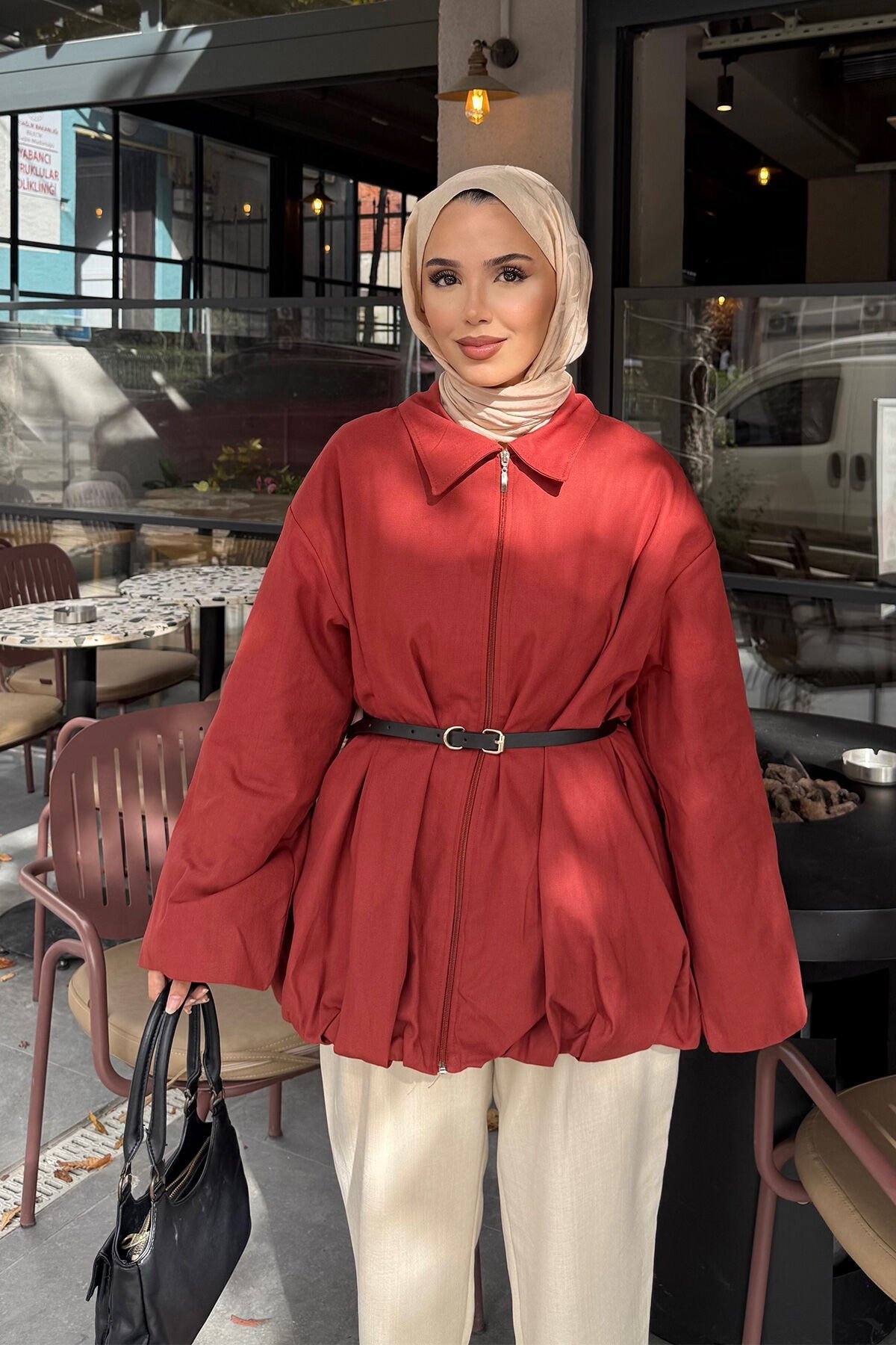 KEMERLİ GABARDİN CEKET 9-52625  - KİREMİT