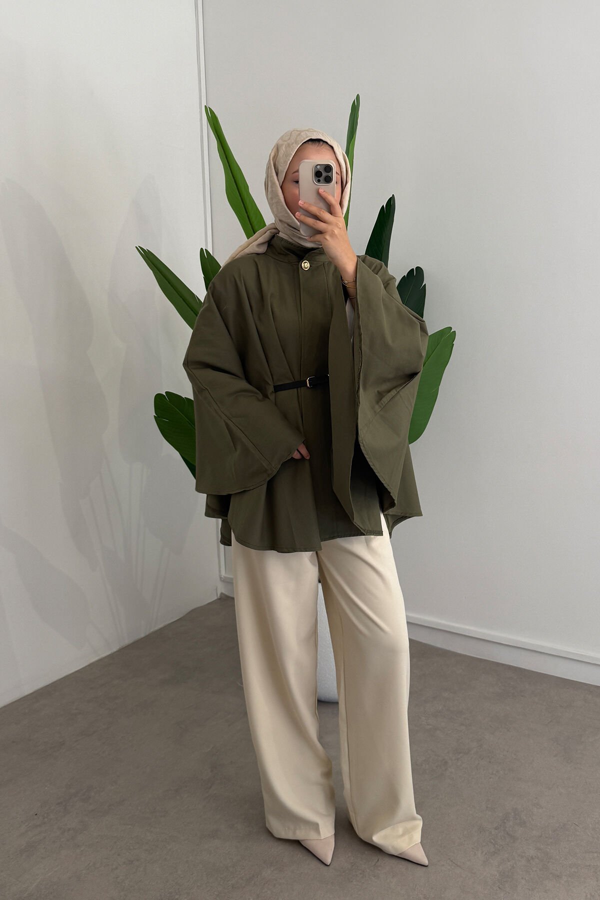 KEMERLİ GABARDİN PANÇO 9-52626  - HAKİ YEŞİL