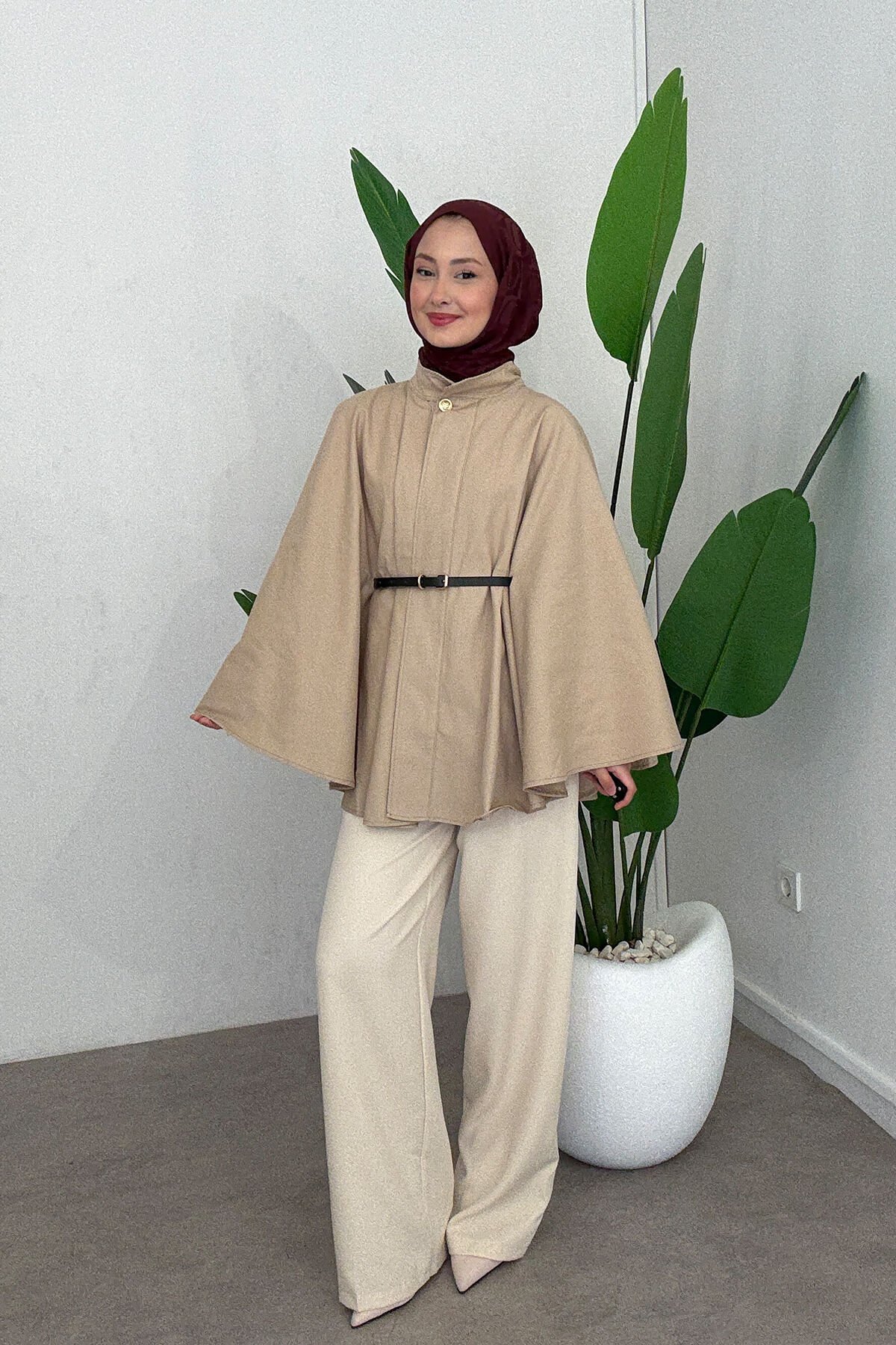 KEMERLİ GABARDİN PANÇO 9-52626  - BEJ