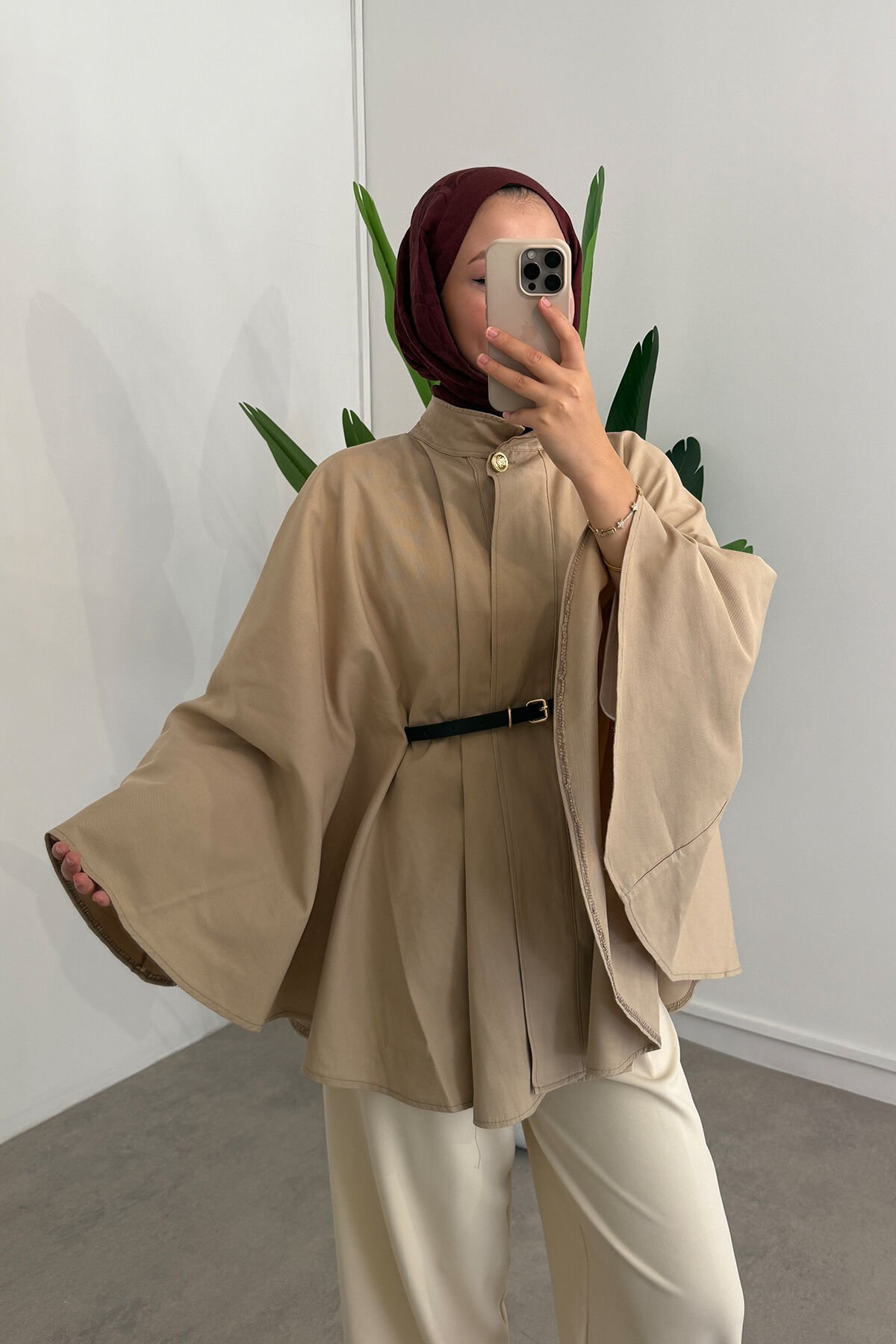 KEMERLİ GABARDİN PANÇO 9-52626  - BEJ