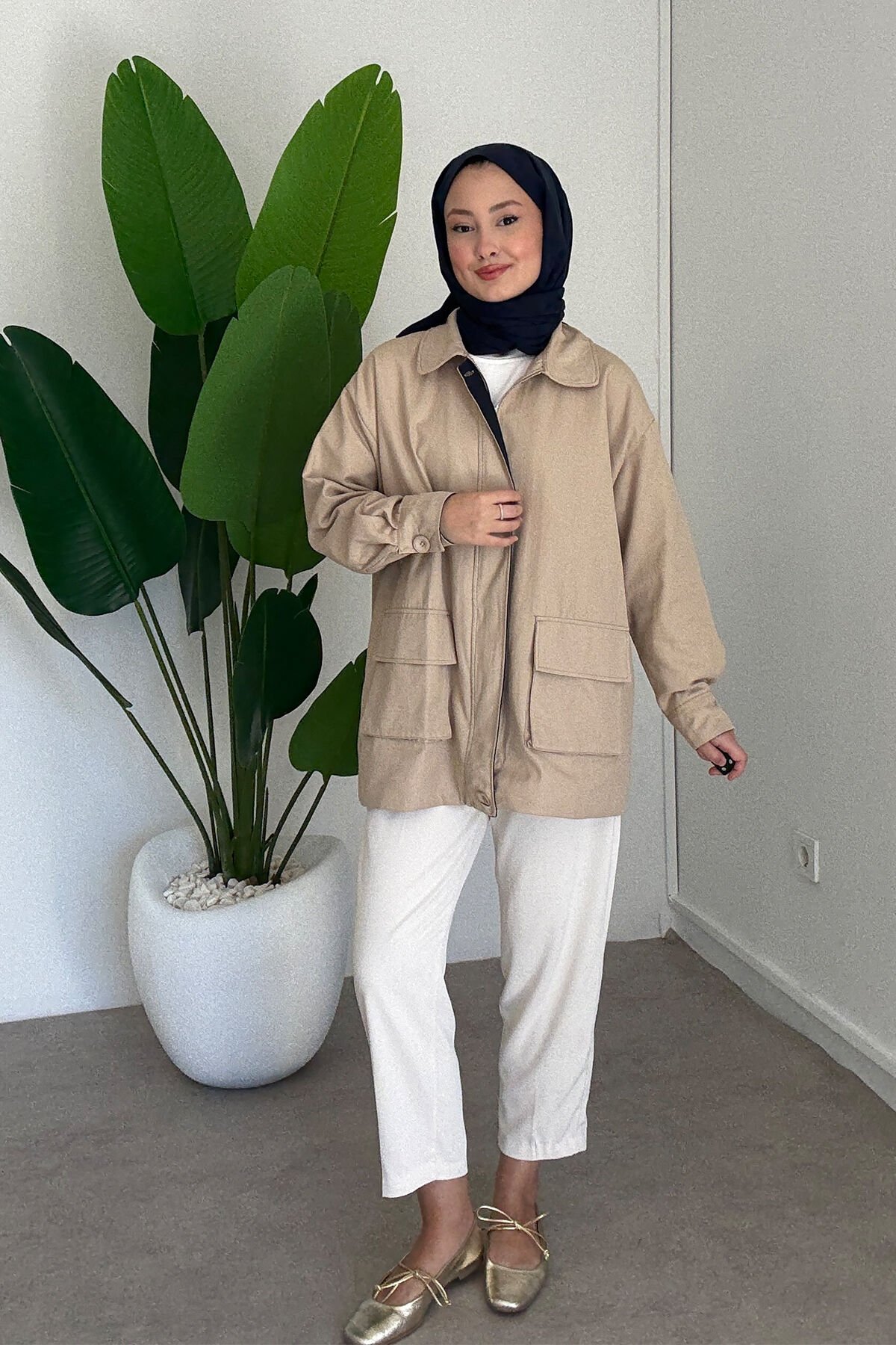 GABARDİN CEPLİ CEKET 9-52726  - BEJ