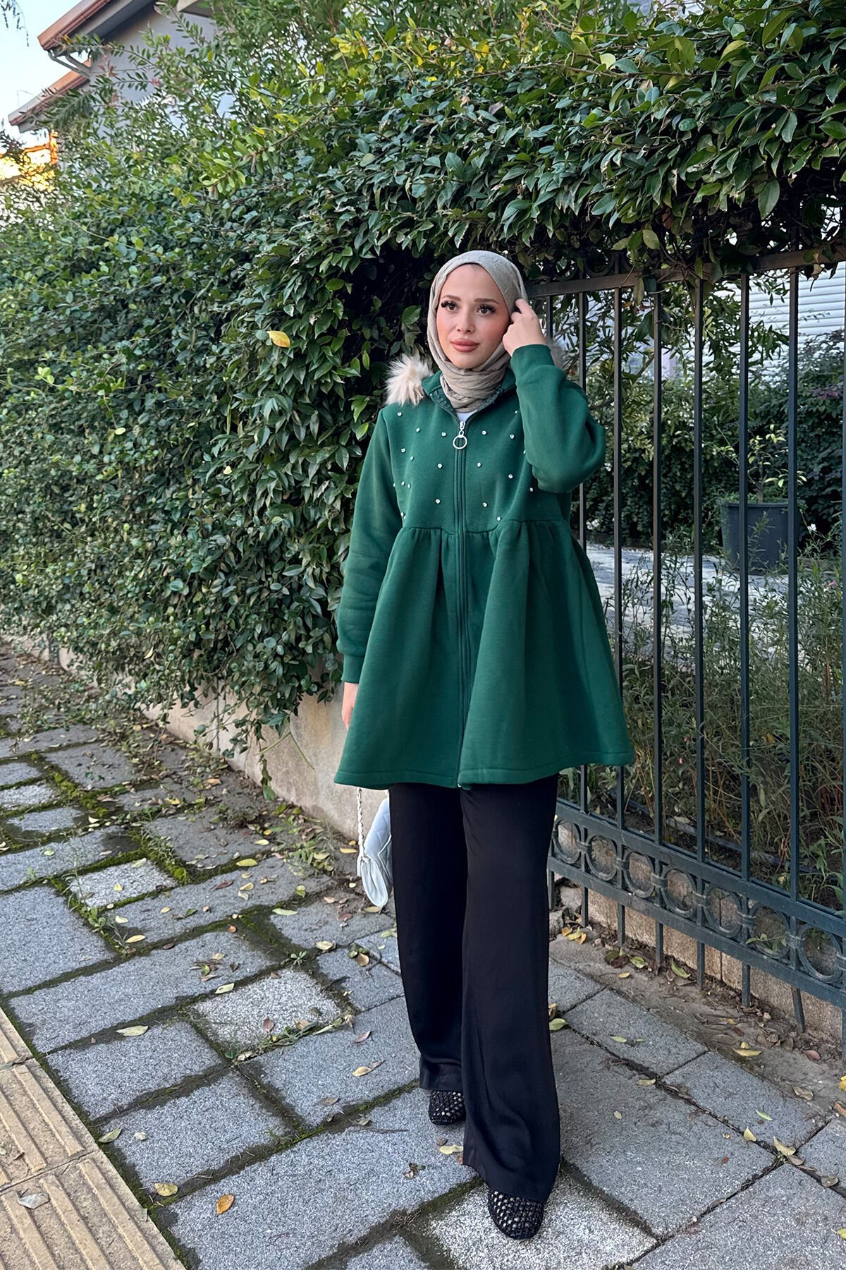 Taşlı Kürklü Ceket 4-6420- YEŞİL