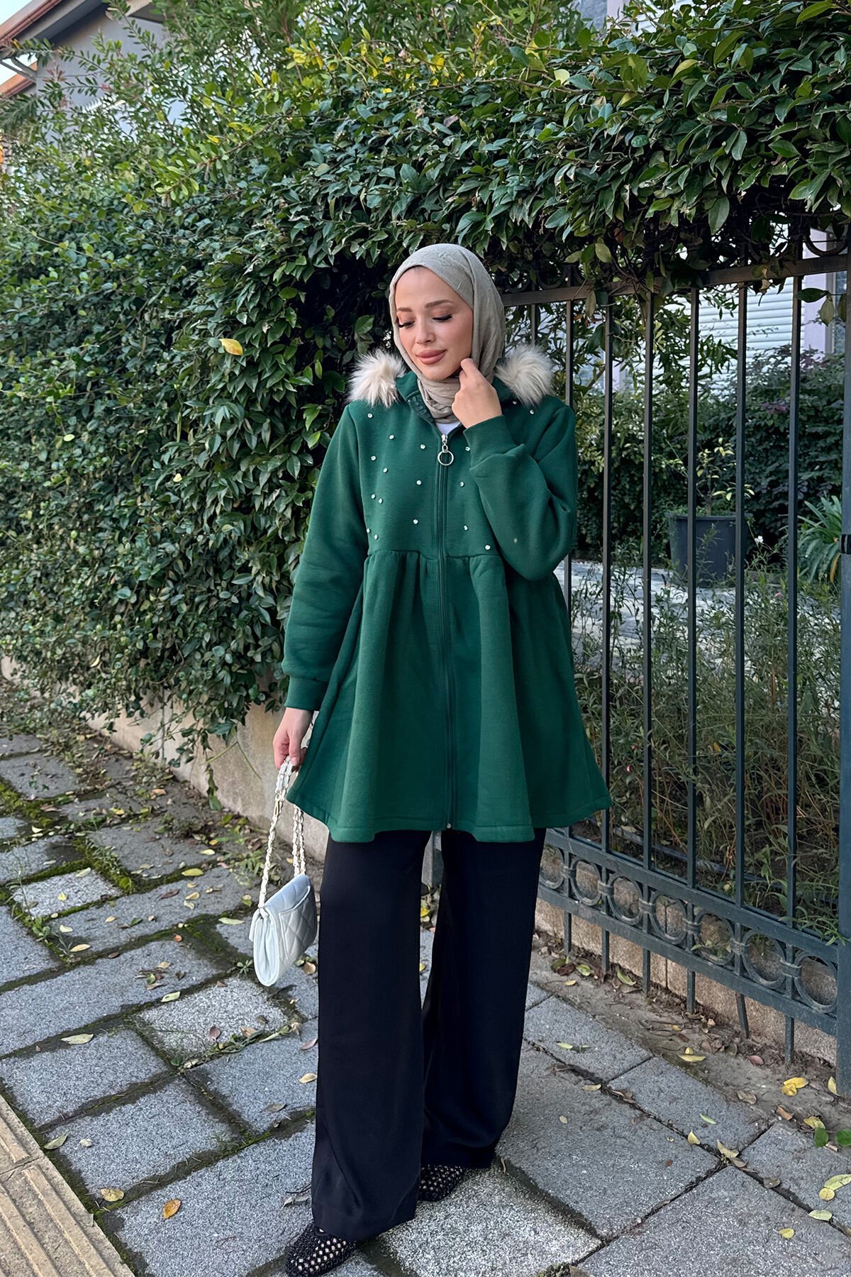 Taşlı Kürklü Ceket 4-6420- YEŞİL