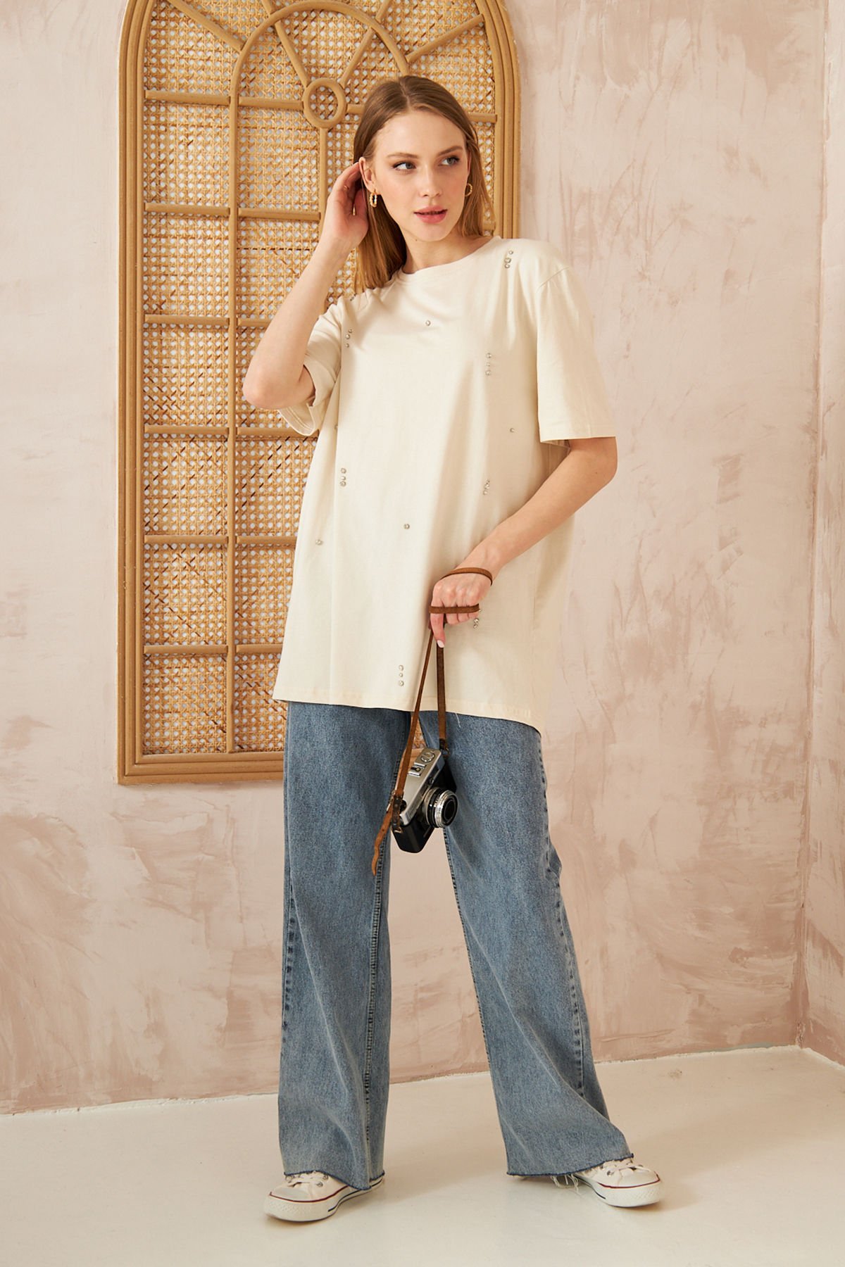 Oversize Taşlı T-shırt 4-6638 - EKRU