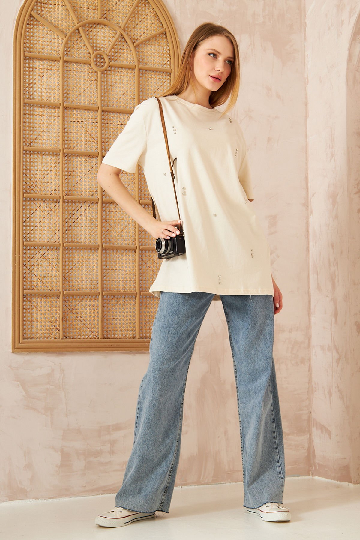 Oversize Taşlı T-shırt 4-6638 - EKRU