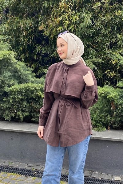 PELERİNLİ GÖMLEK 31-2231 - KAHVERENGİ