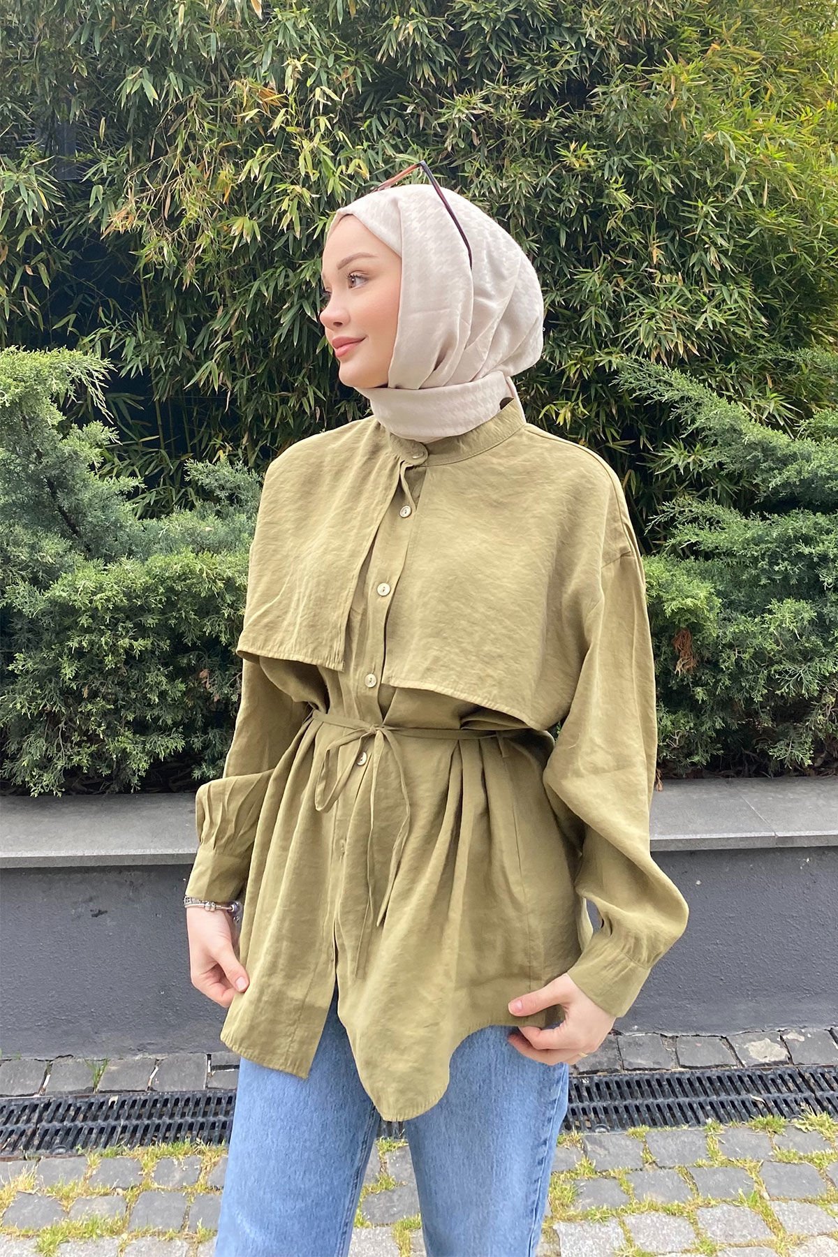 PELERİNLİ GÖMLEK 31-2231 - OLİVE