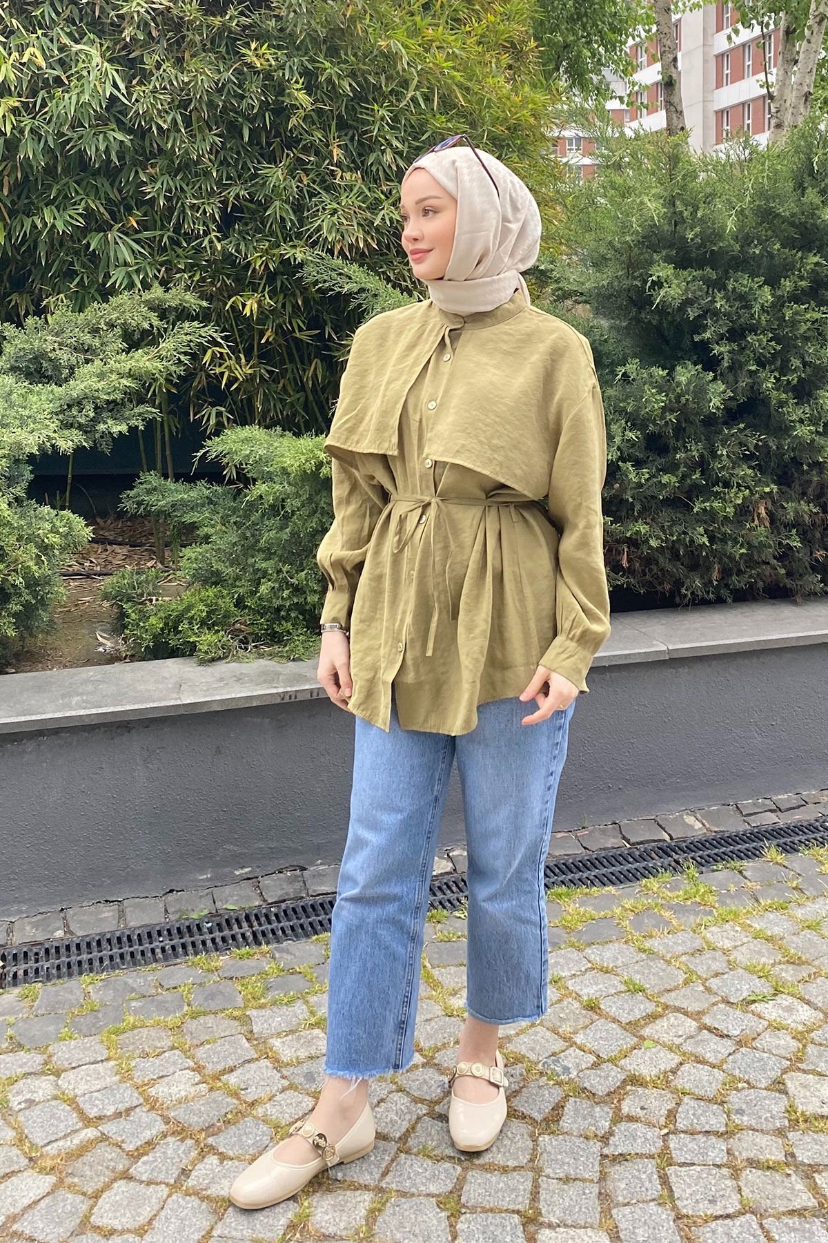 PELERİNLİ GÖMLEK 31-2231 - OLİVE