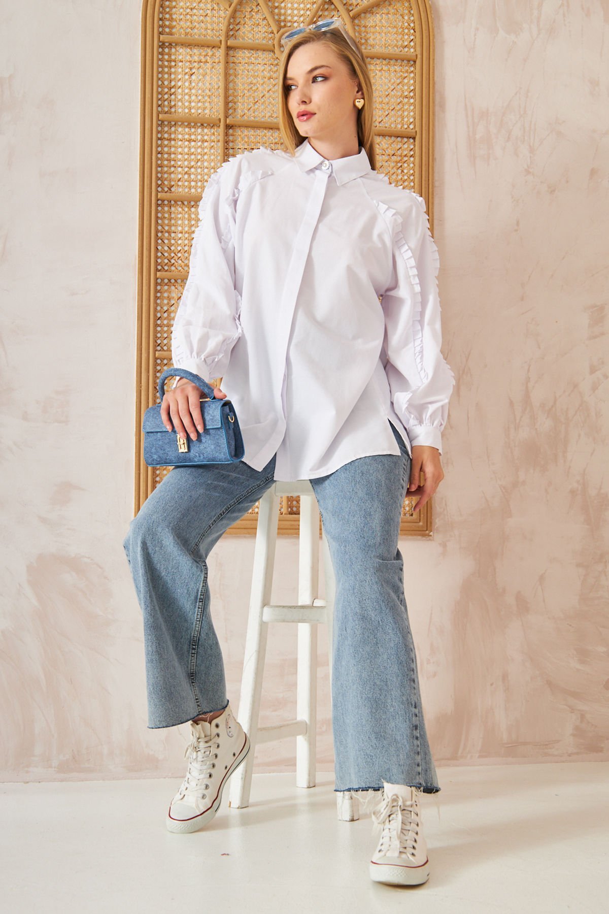 Kol Büzgülü Gömlek 4-6672 - BEYAZ