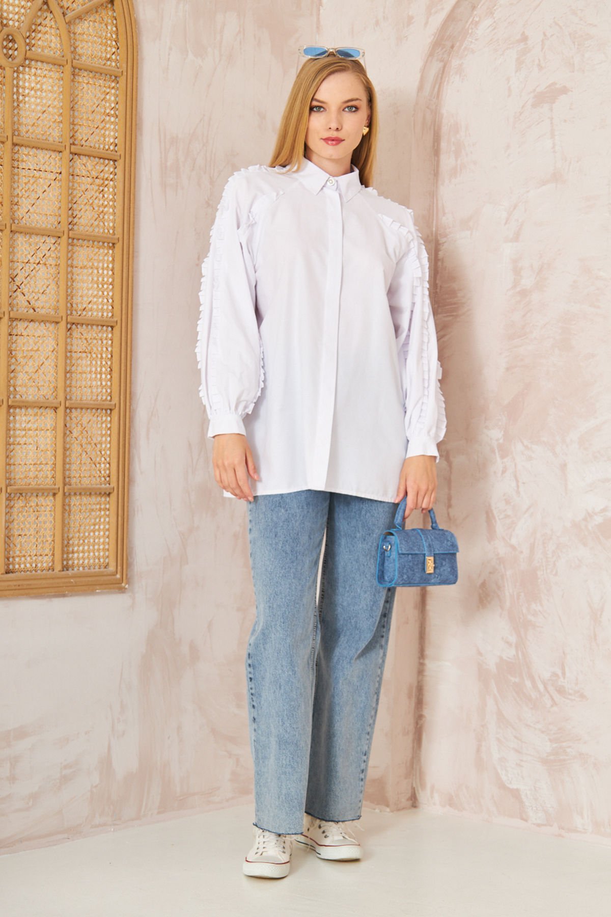 Kol Büzgülü Gömlek 4-6672 - BEYAZ