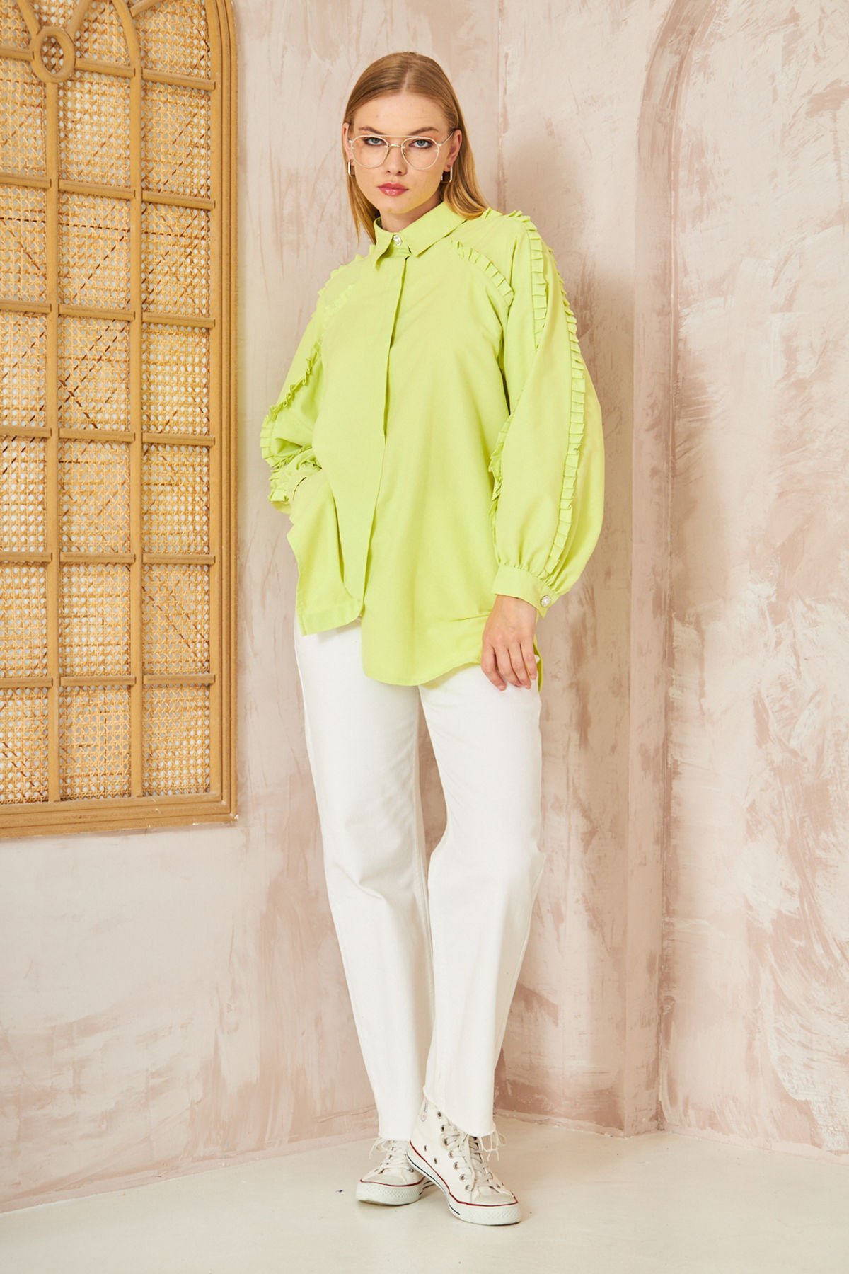 Kol Büzgülü Gömlek 4-6672 - OLİVE