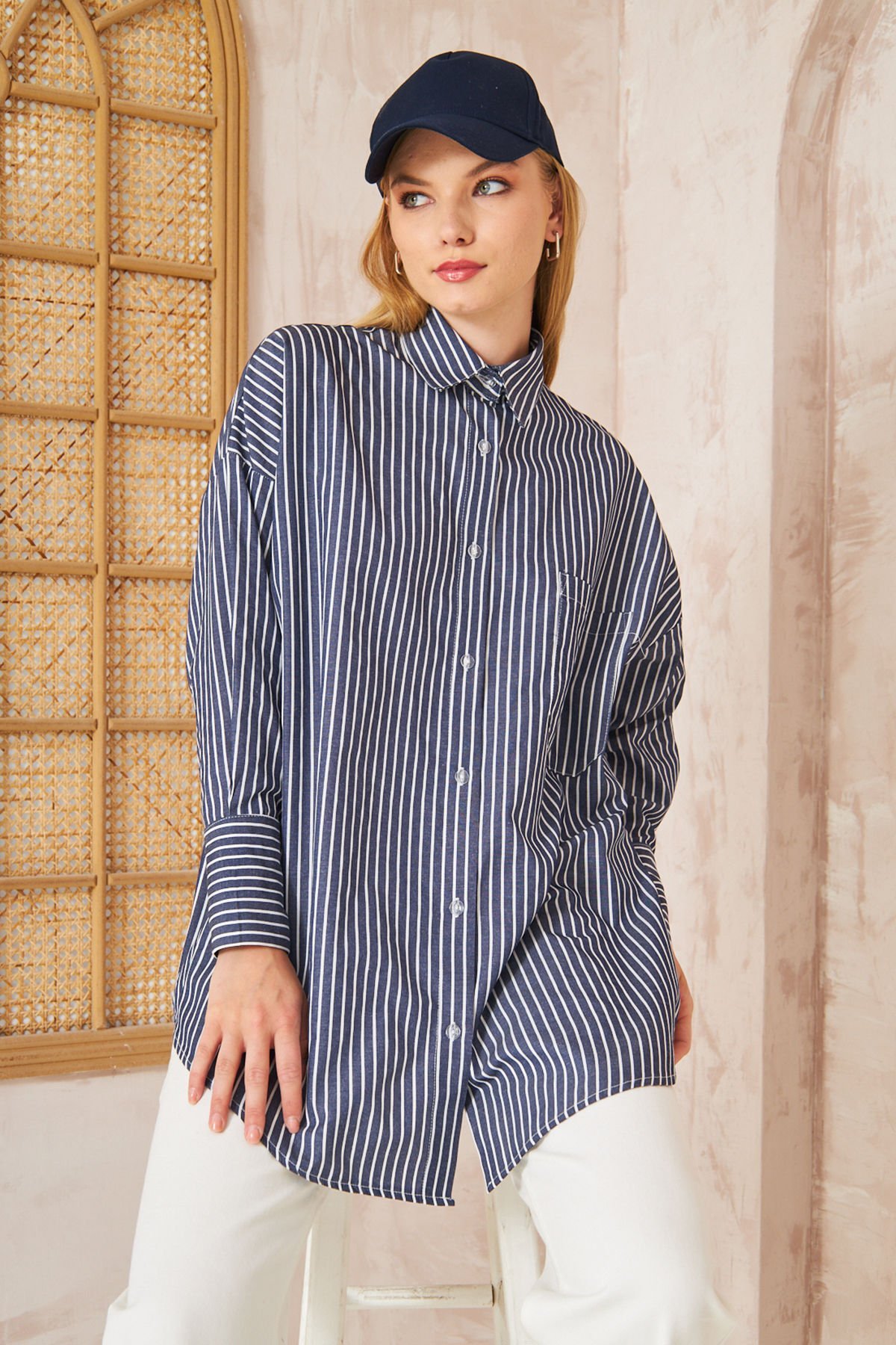 Oversıze Çizgili Gömlek 4-6676 - LACİVERT