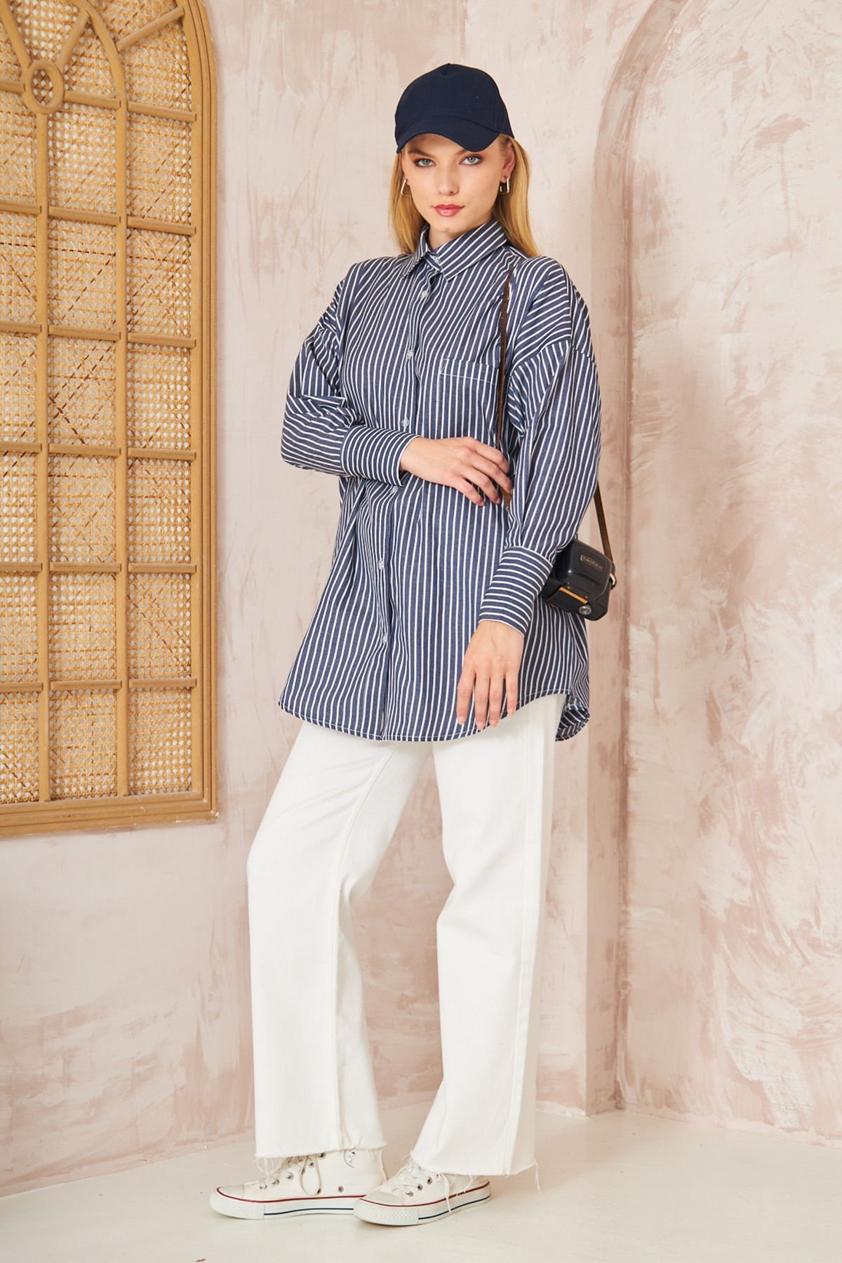 Oversıze Çizgili Gömlek 4-6676 - LACİVERT