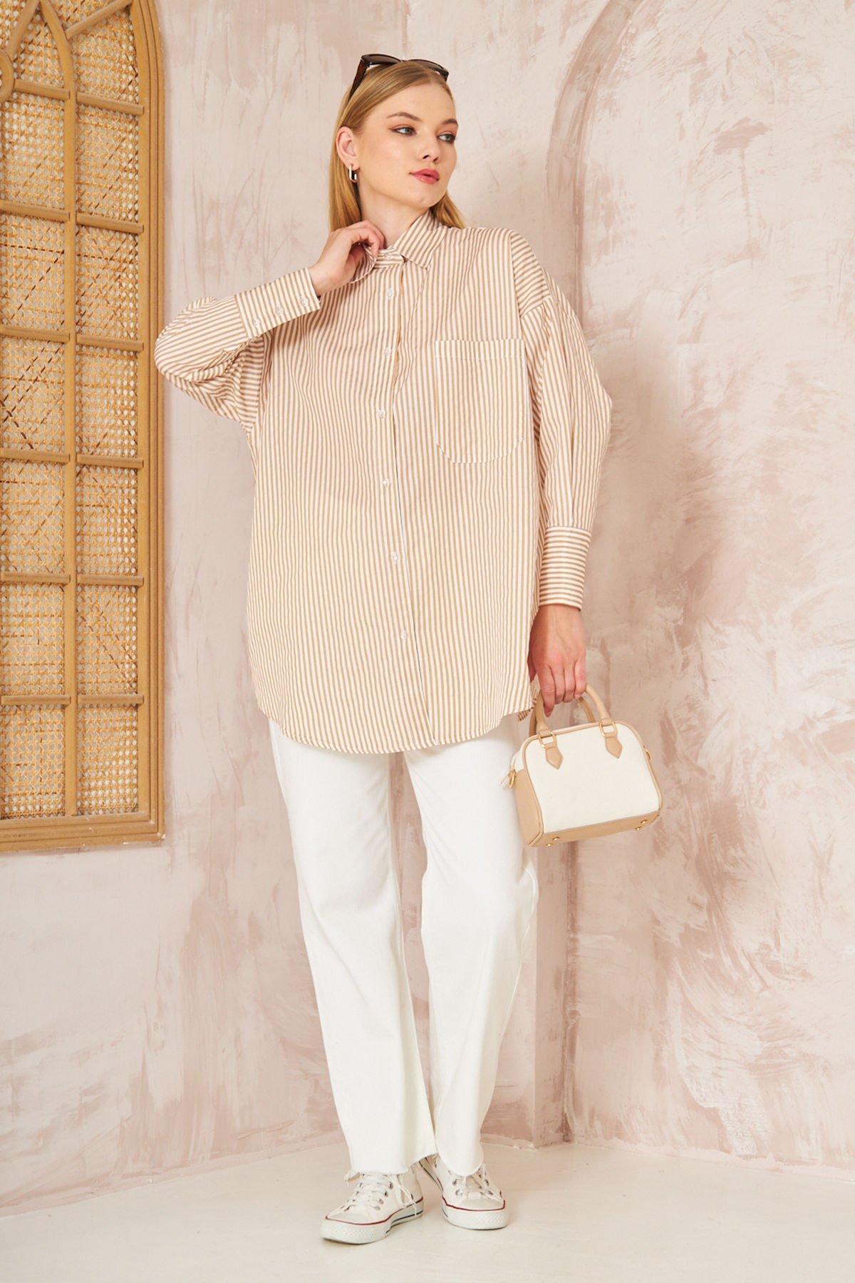 Oversıze Çizgili Gömlek 4-6676 - VİZON