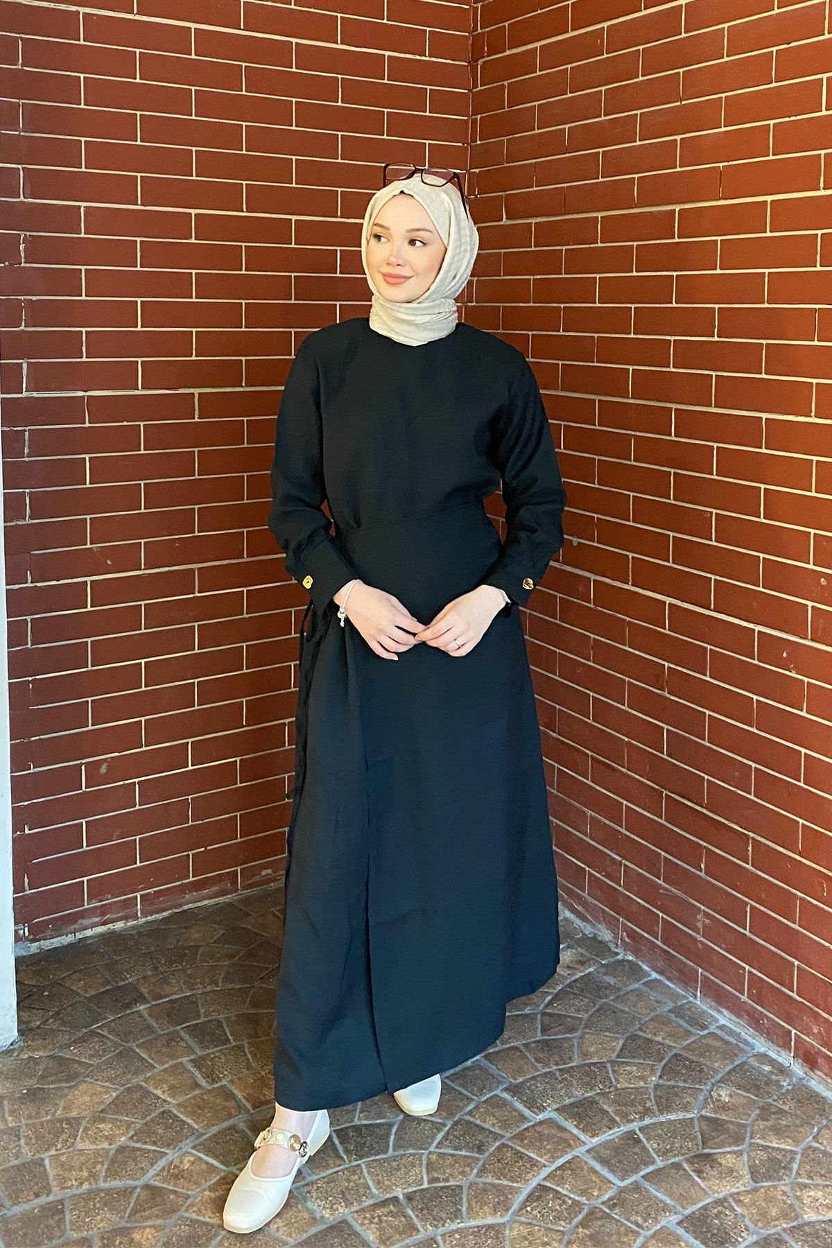 METALİZE DÜGMELİ ELBİSE 9-51509 - SİYAH