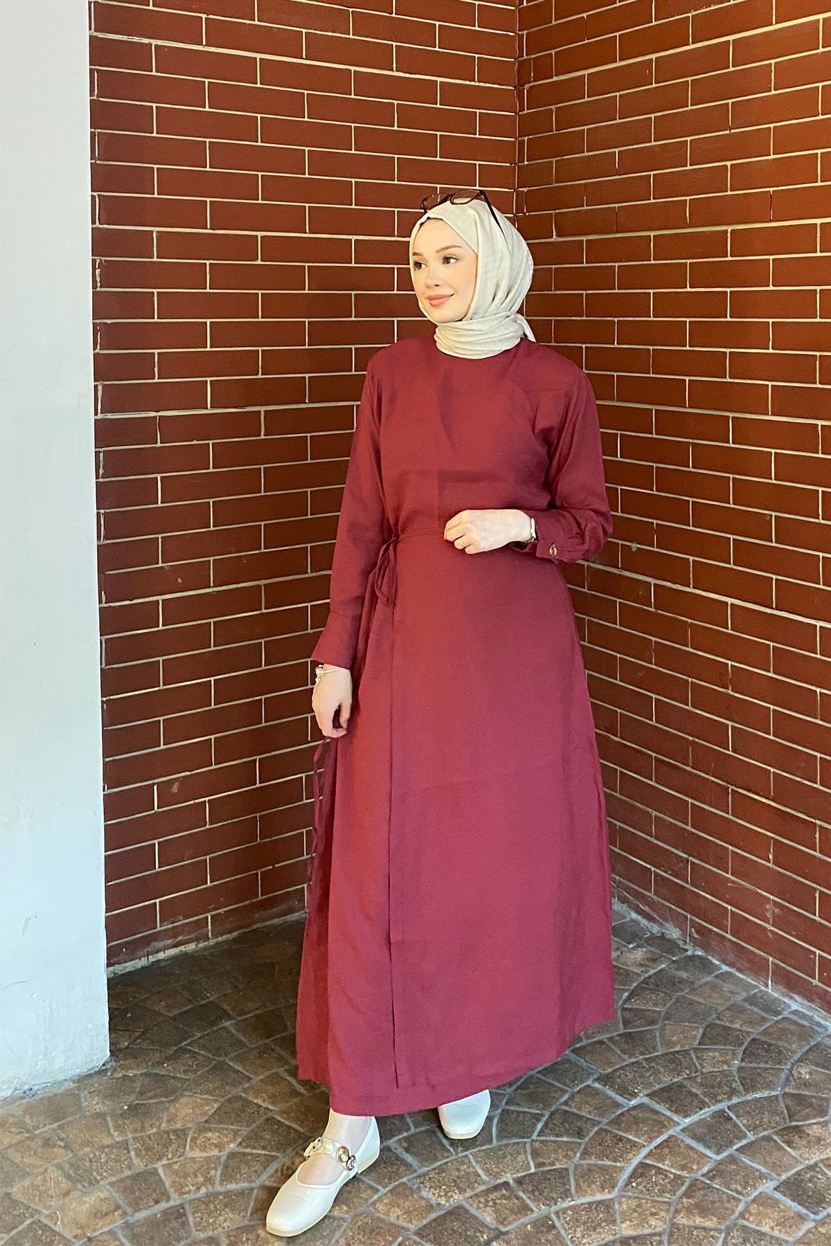 METALİZE DÜGMELİ ELBİSE 9-51509 - BORDO