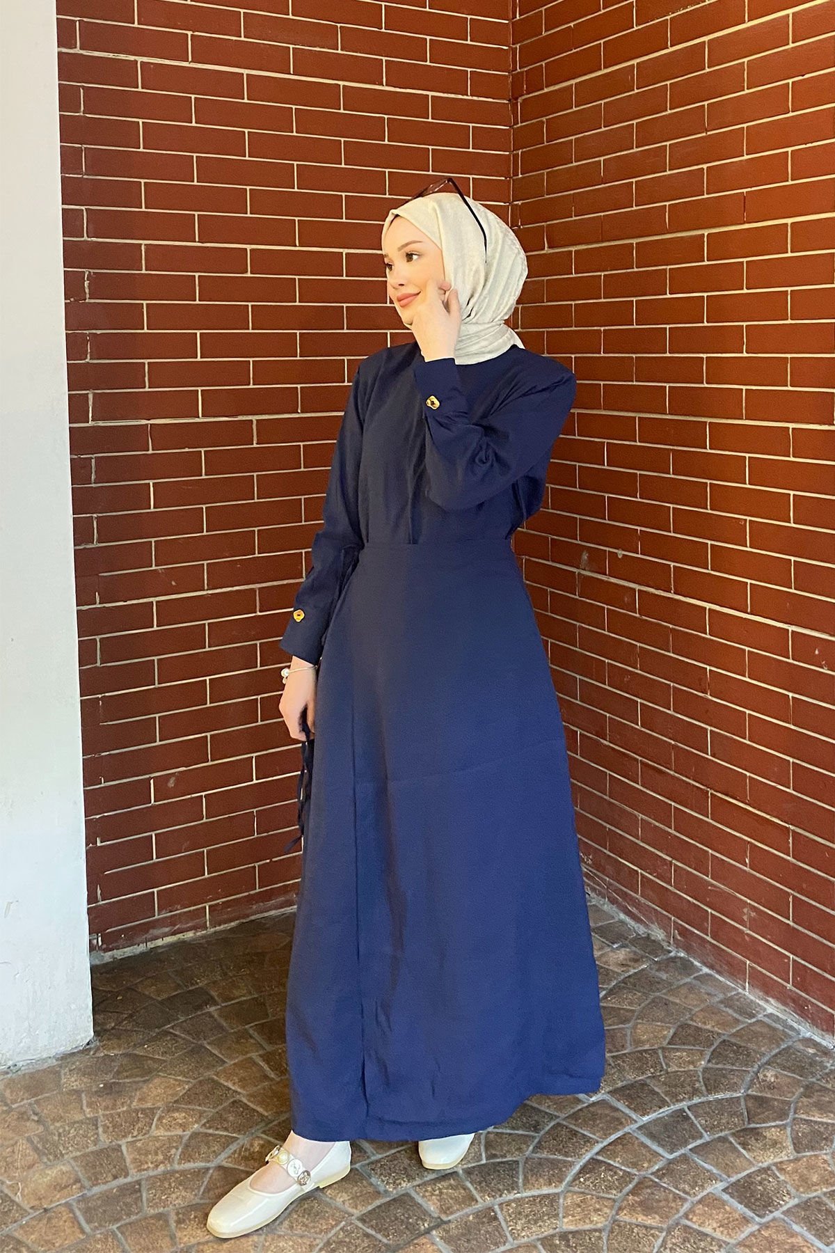 METALİZE DÜGMELİ ELBİSE 9-51509 - LACİVERT