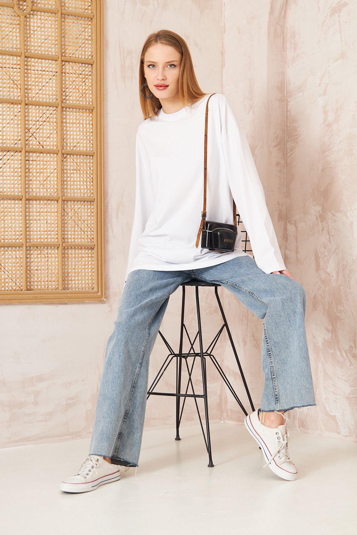 Oversize Uzun Kol T-shırt 4-6632 - BEYAZ