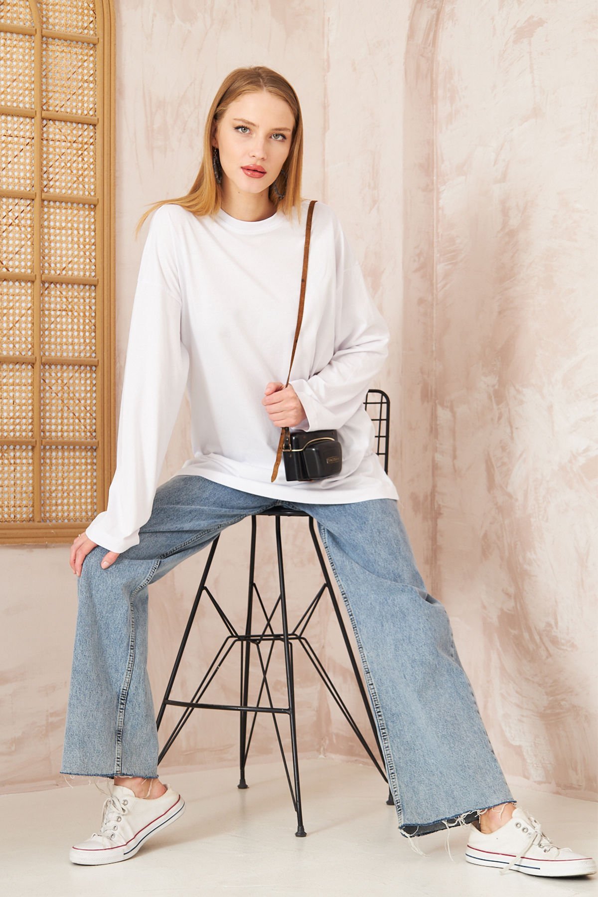 Oversize Uzun Kol T-shırt 4-6632 - BEYAZ