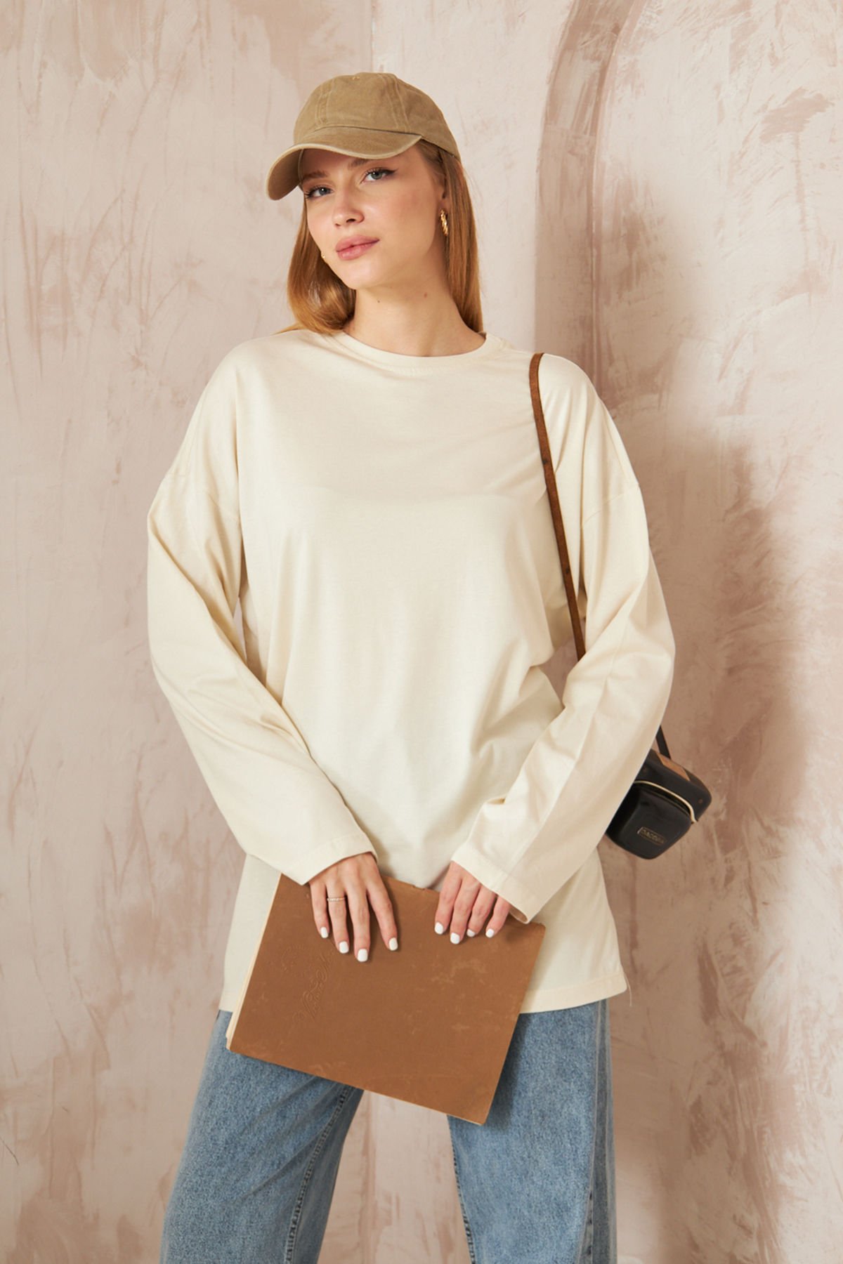 Oversize Uzun Kol T-shırt 4-6632 - EKRU