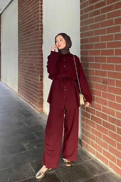 ÇİFT DÜGMELİ KETEN TAKIM 31-2282 - BORDO