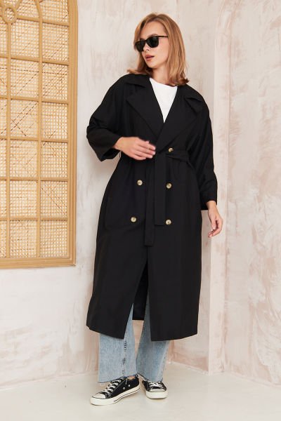 Pelerinli Astarlı Oversize Trençkot 4-6696 - SİYAH