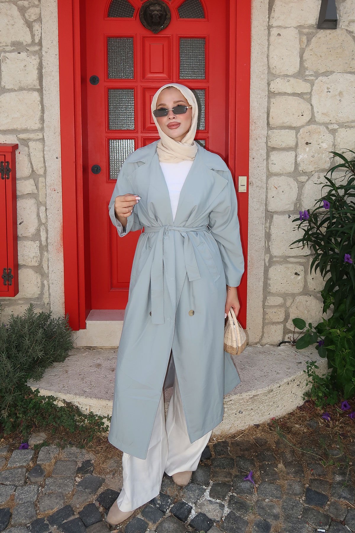 Pelerinli Astarlı Oversize Trençkot 4-6696 - MAVİ