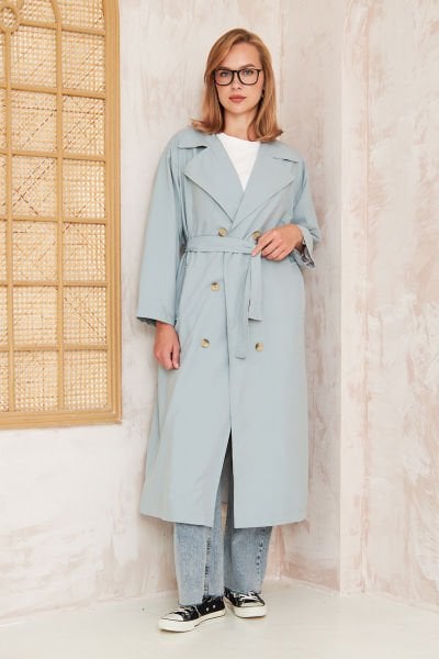 Pelerinli Astarlı Oversize Trençkot 4-6696 - MAVİ