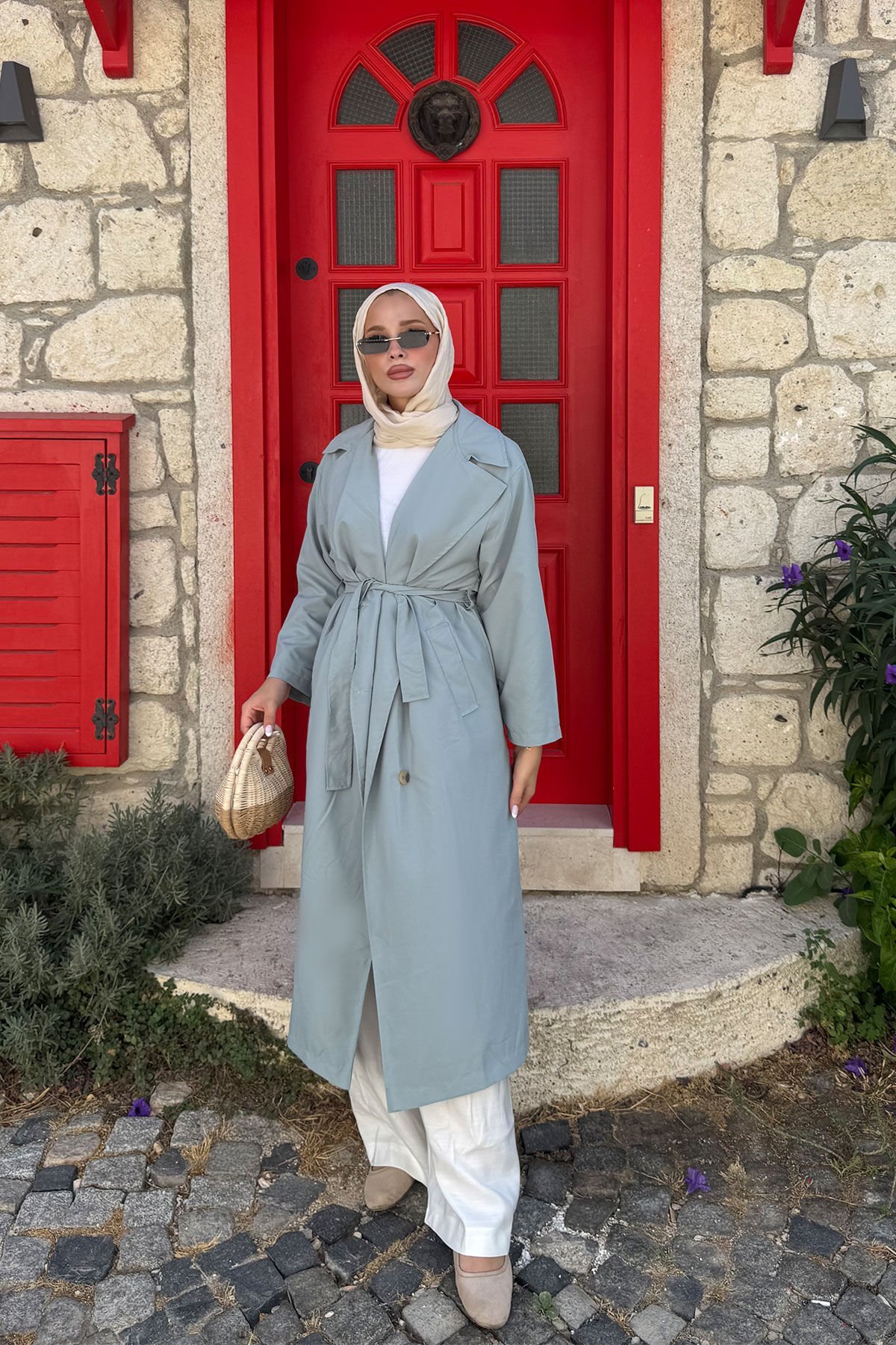 Pelerinli Astarlı Oversize Trençkot 4-6696 - MAVİ