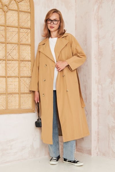 Pelerinli Astarlı Oversize Trençkot 4-6696 - CAMEL