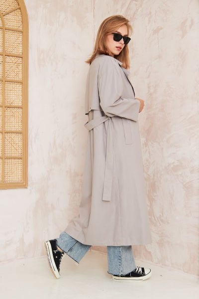 Pelerinli Astarlı Oversize Trençkot 4-6696 - GRI