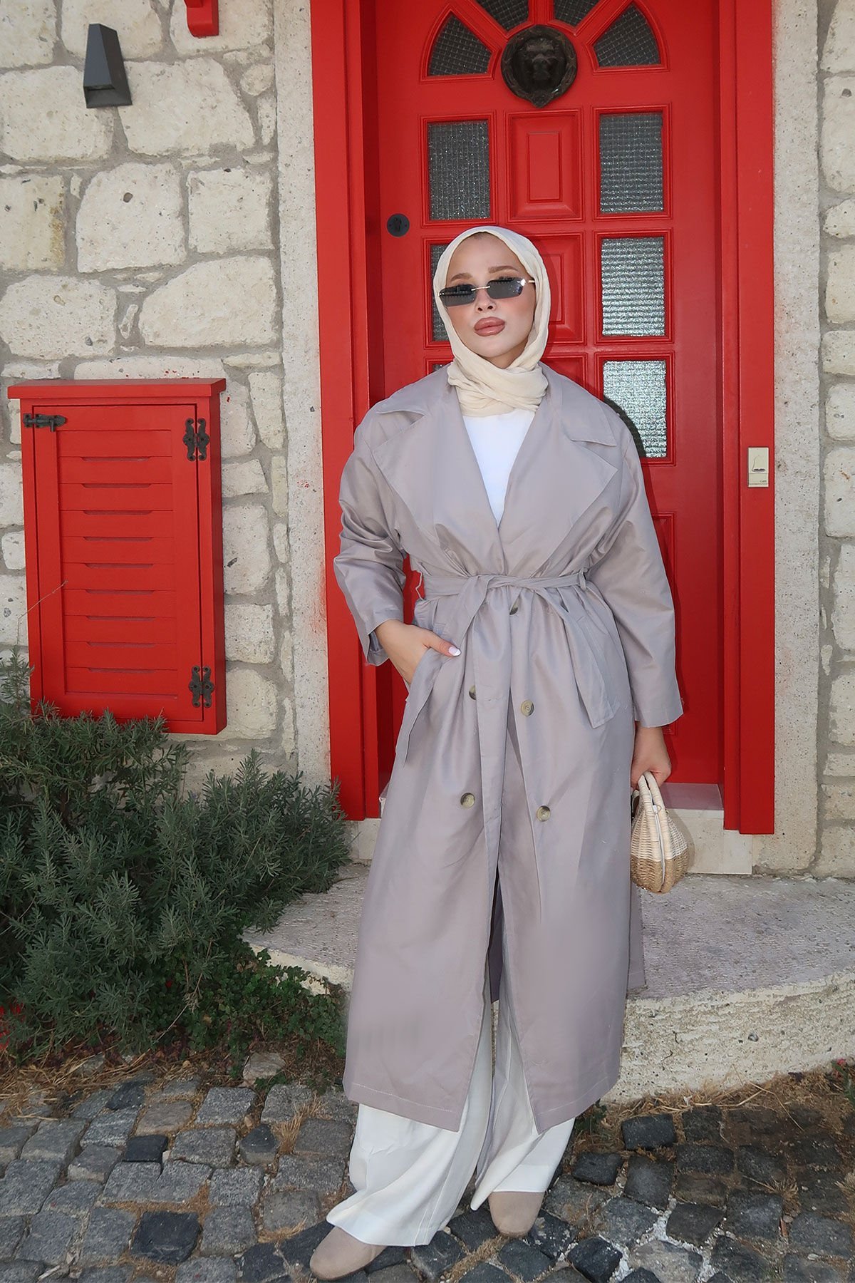 Pelerinli Astarlı Oversize Trençkot 4-6696 - GRI