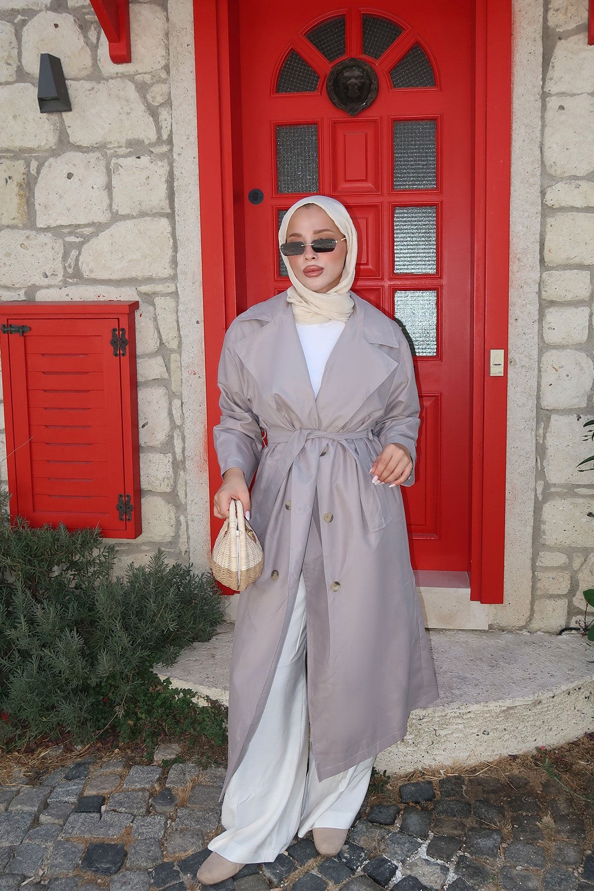 Pelerinli Astarlı Oversize Trençkot 4-6696 - GRI