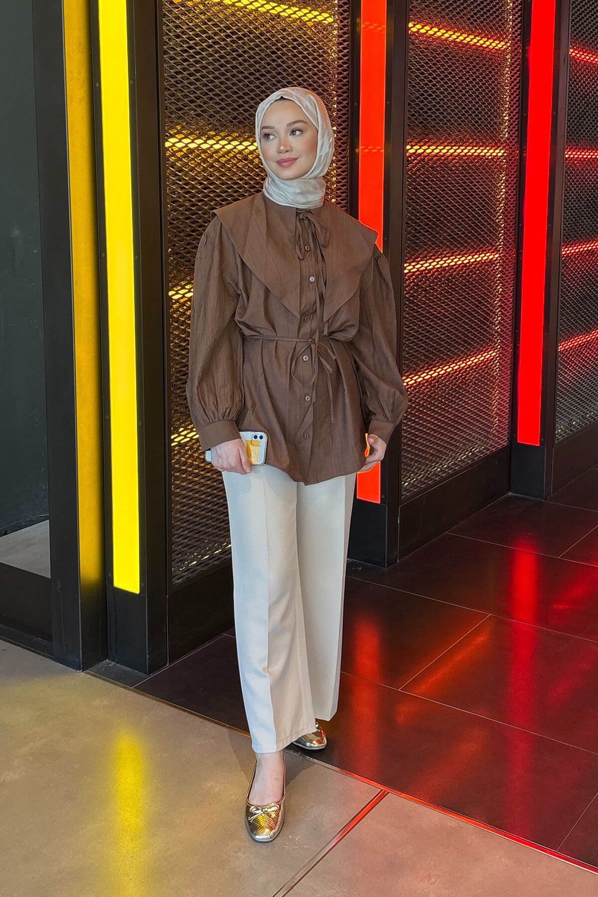 PELERİNLİ MODAL GÖMLEK 31-2253 - KAHVERENGİ