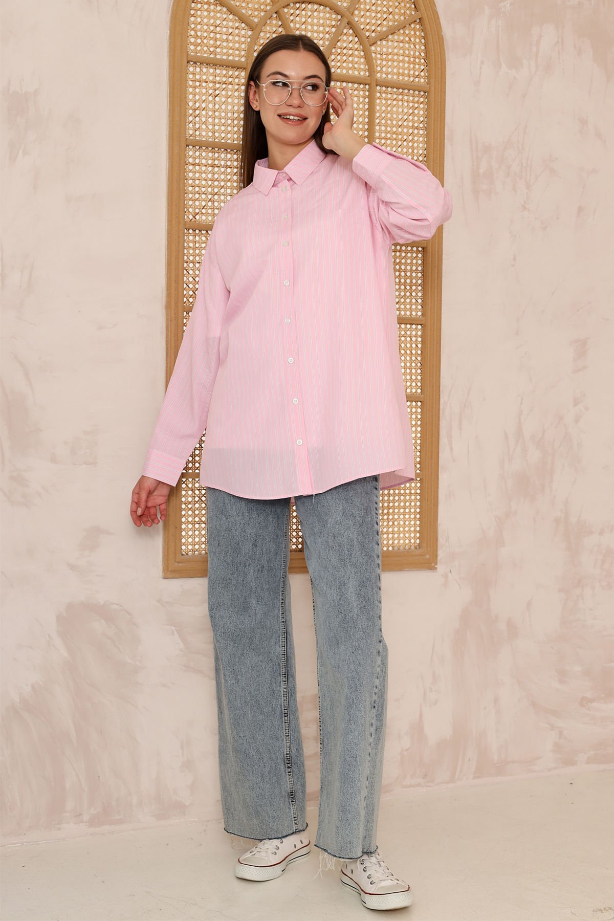 Çizgili Oversize Gömlek 4-6810 - PUDRA