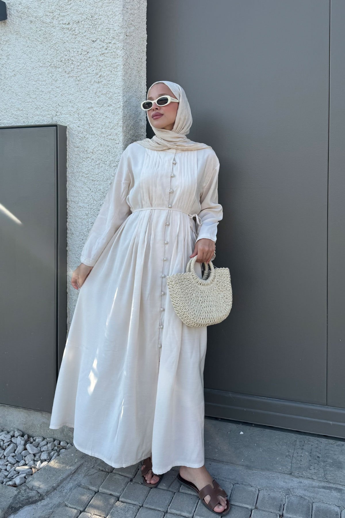 KOLLARI BAGLAMALI ELBİSE 9-51528 - BEJ