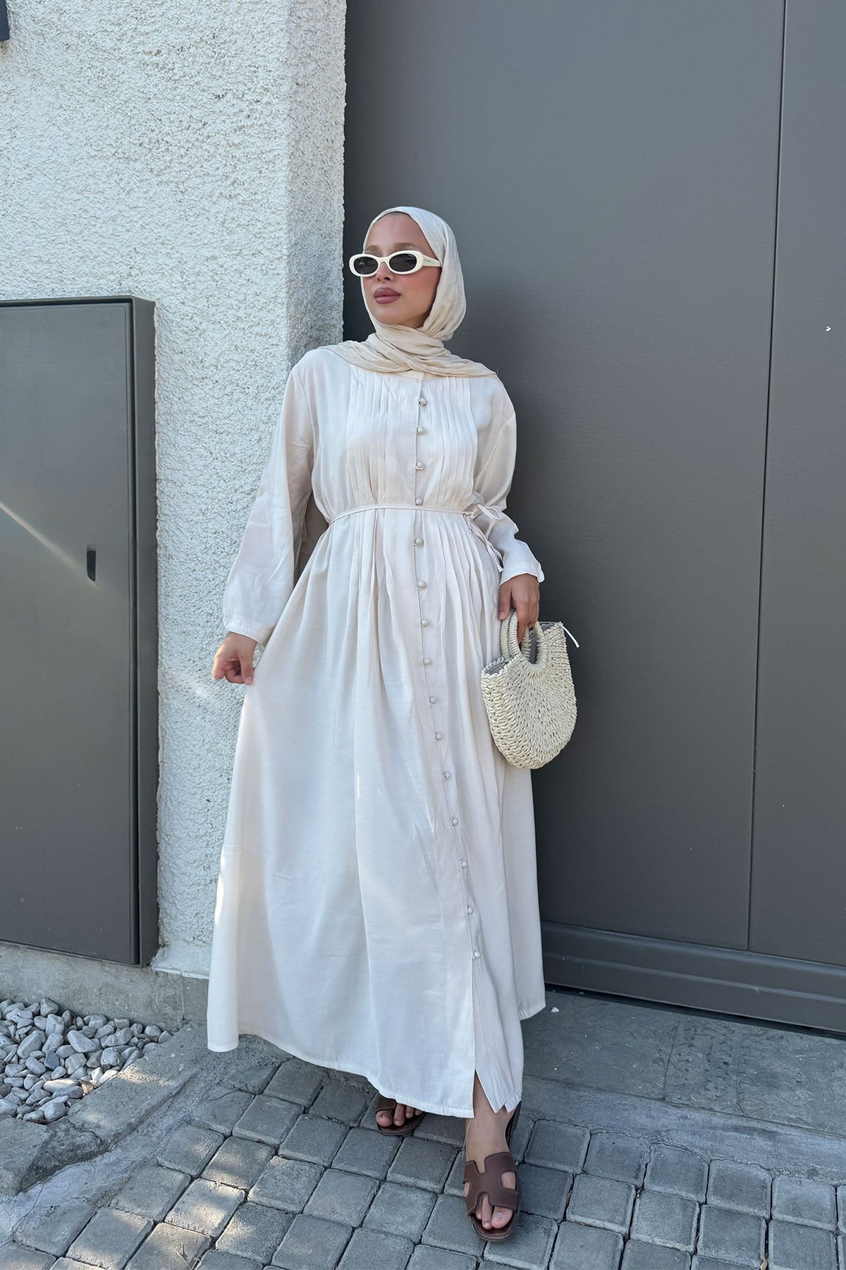 KOLLARI BAGLAMALI ELBİSE 9-51528 - BEJ