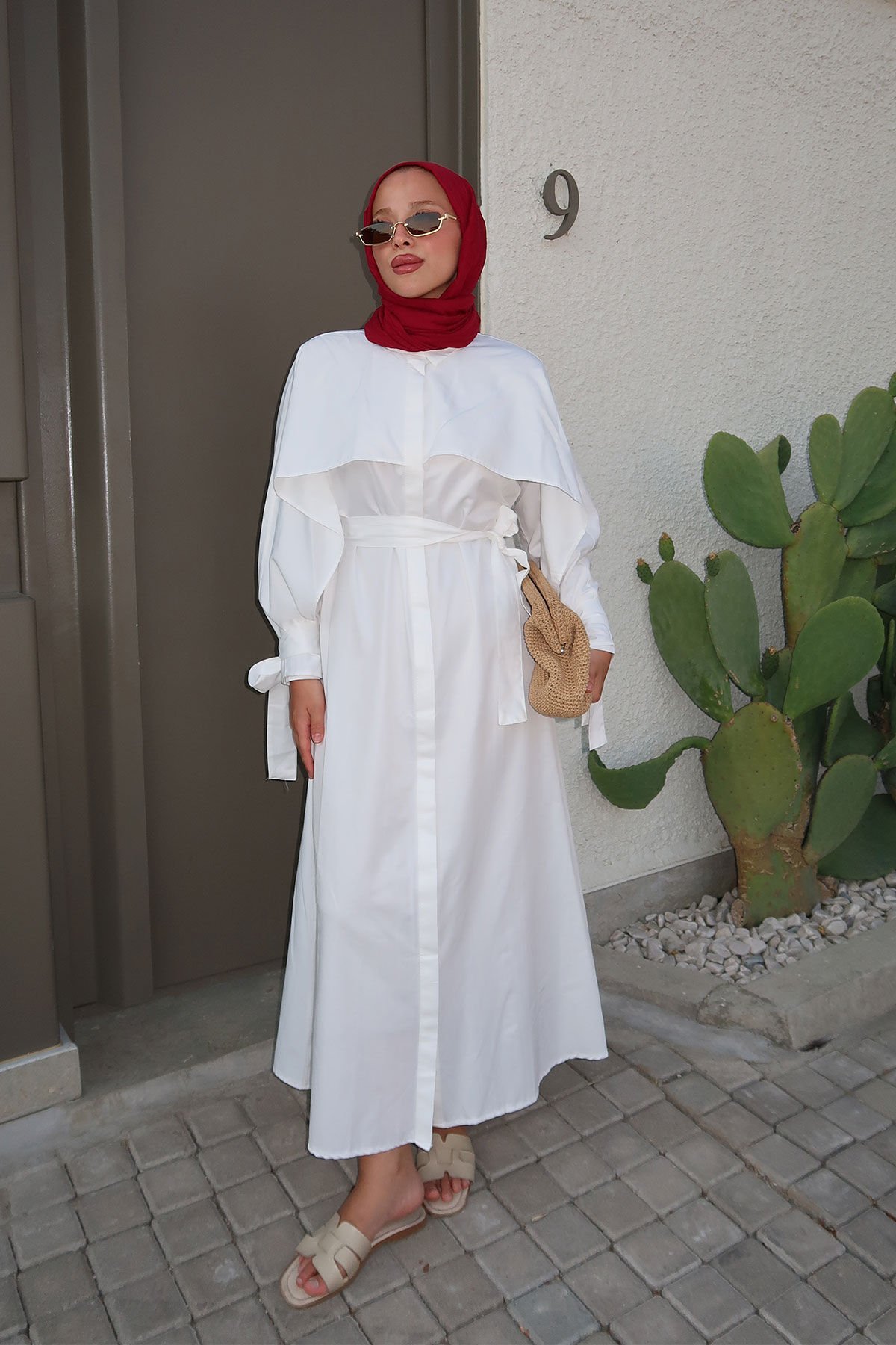 PELERİN DETAYLI ELBİSE 31-3363 - BEYAZ