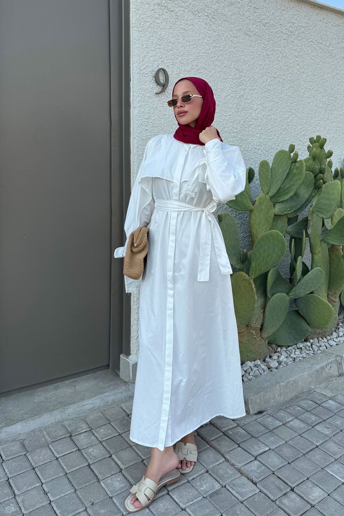 PELERİN DETAYLI ELBİSE 31-3363 - BEYAZ