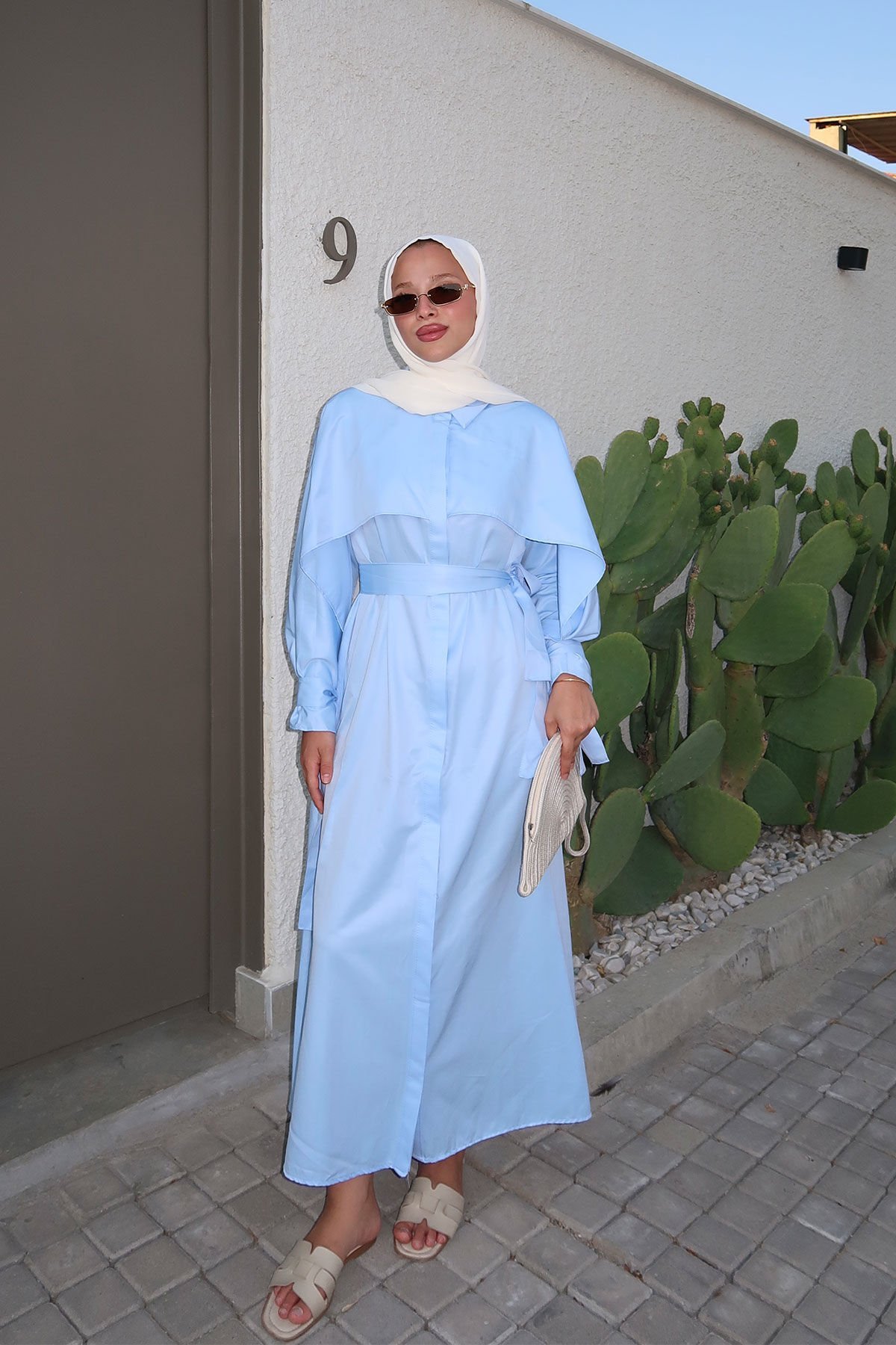 PELERİN DETAYLI ELBİSE 31-3363 - MAVİ