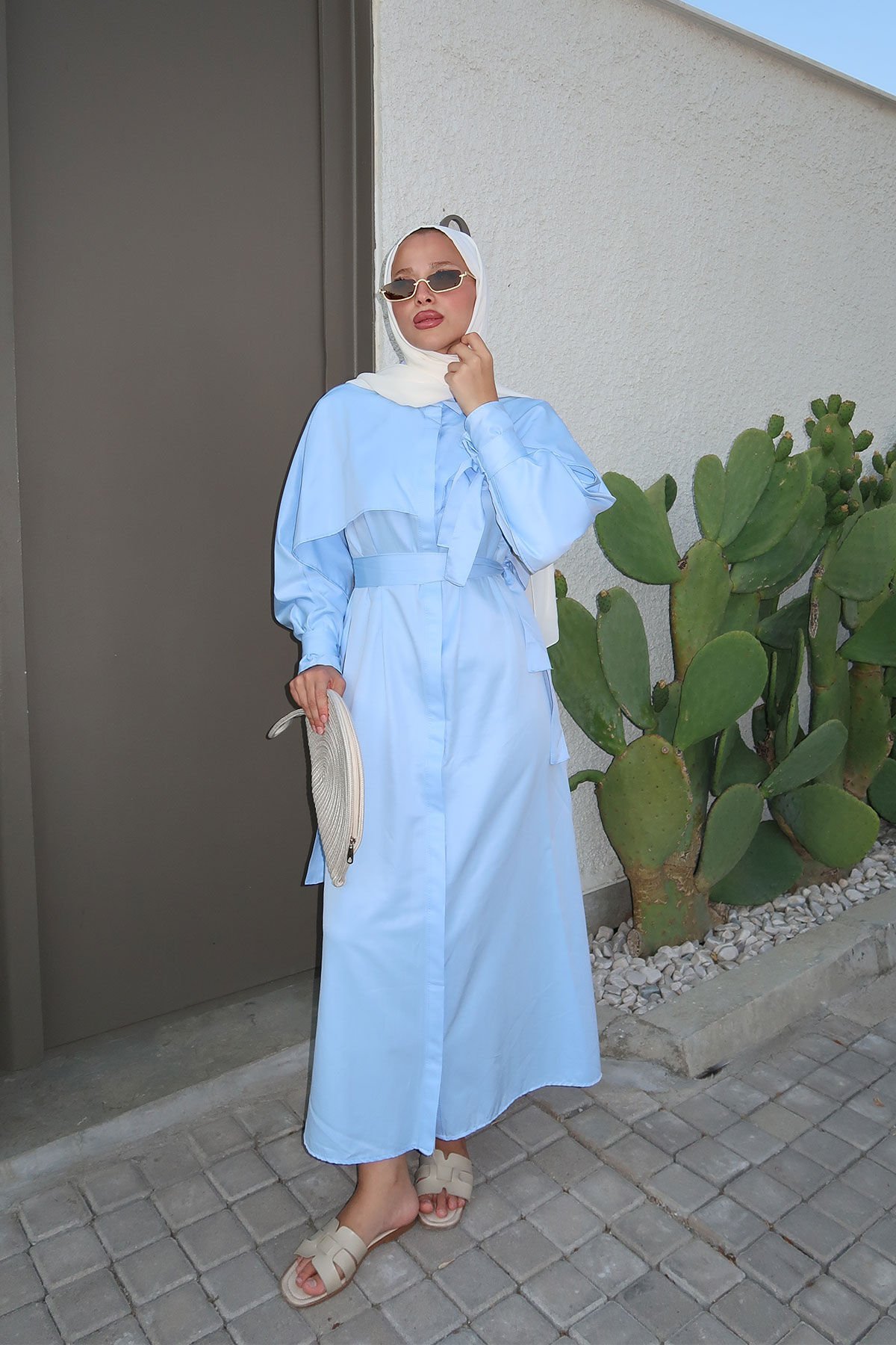 PELERİN DETAYLI ELBİSE 31-3363 - MAVİ